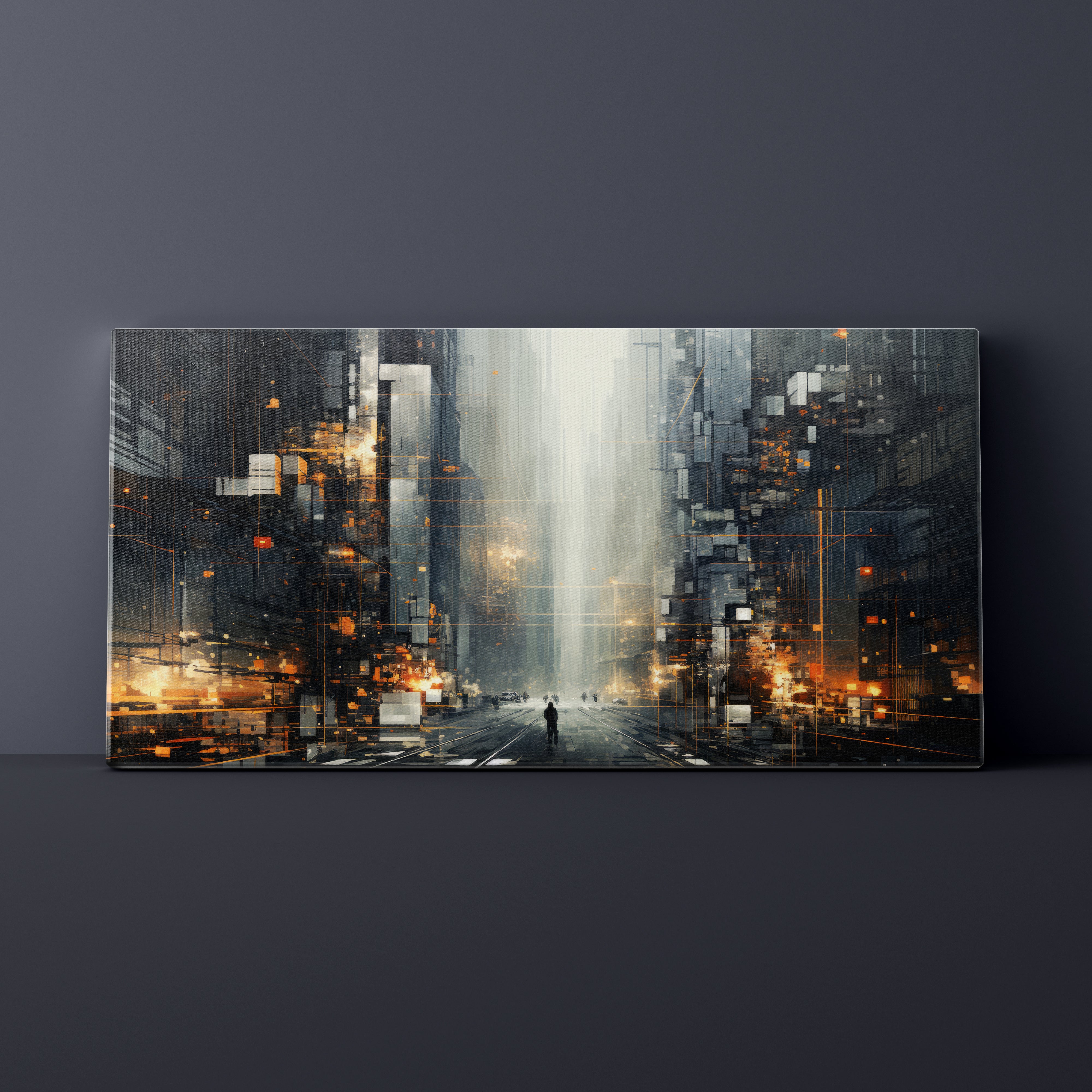 Futuristic cityscape with a person standing in the rain, on a dark gray background