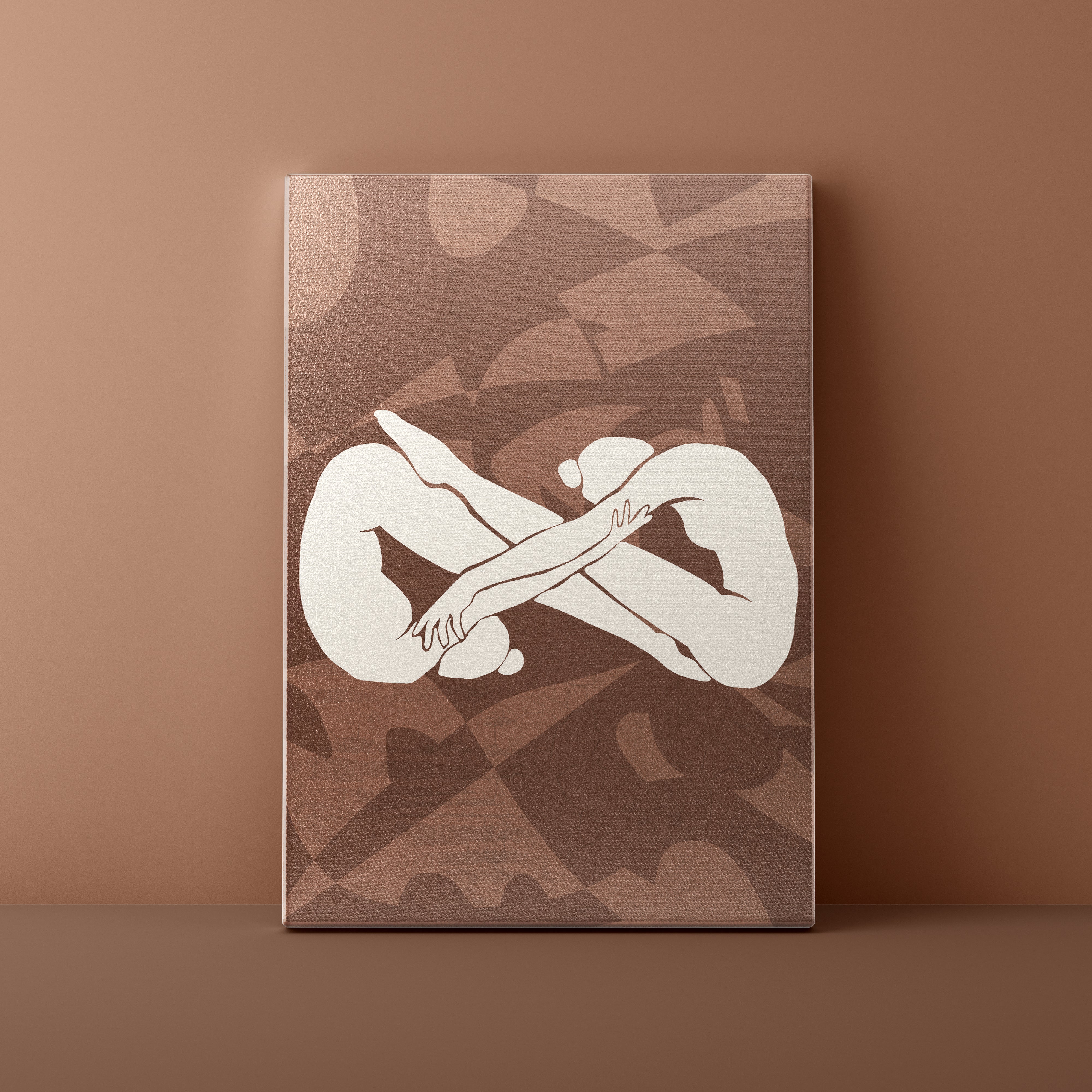 Canvas print with abstract design and white silhouette on a brown background
