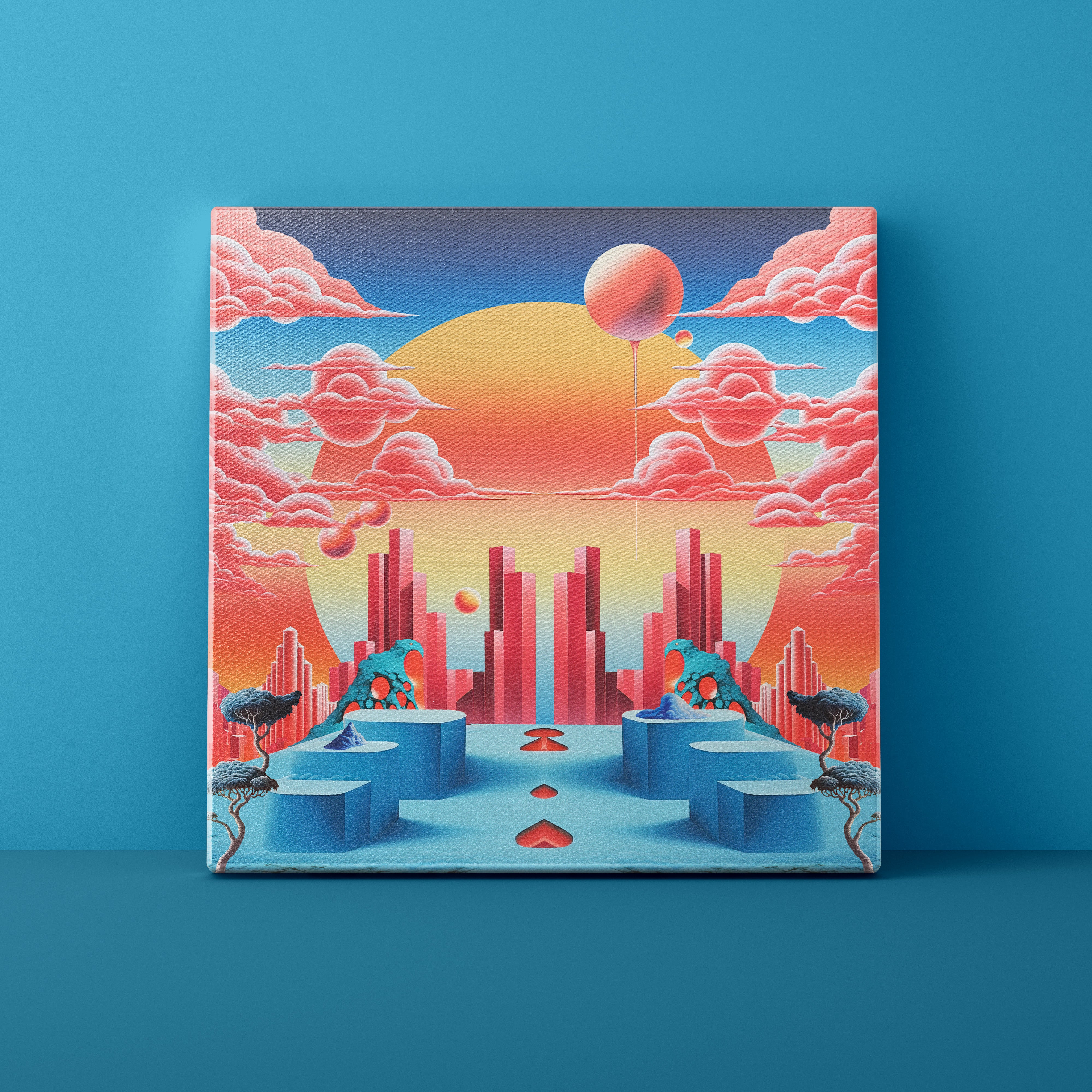 Surreal landscape with futuristic architecture, animals, and a large sun on a blue background