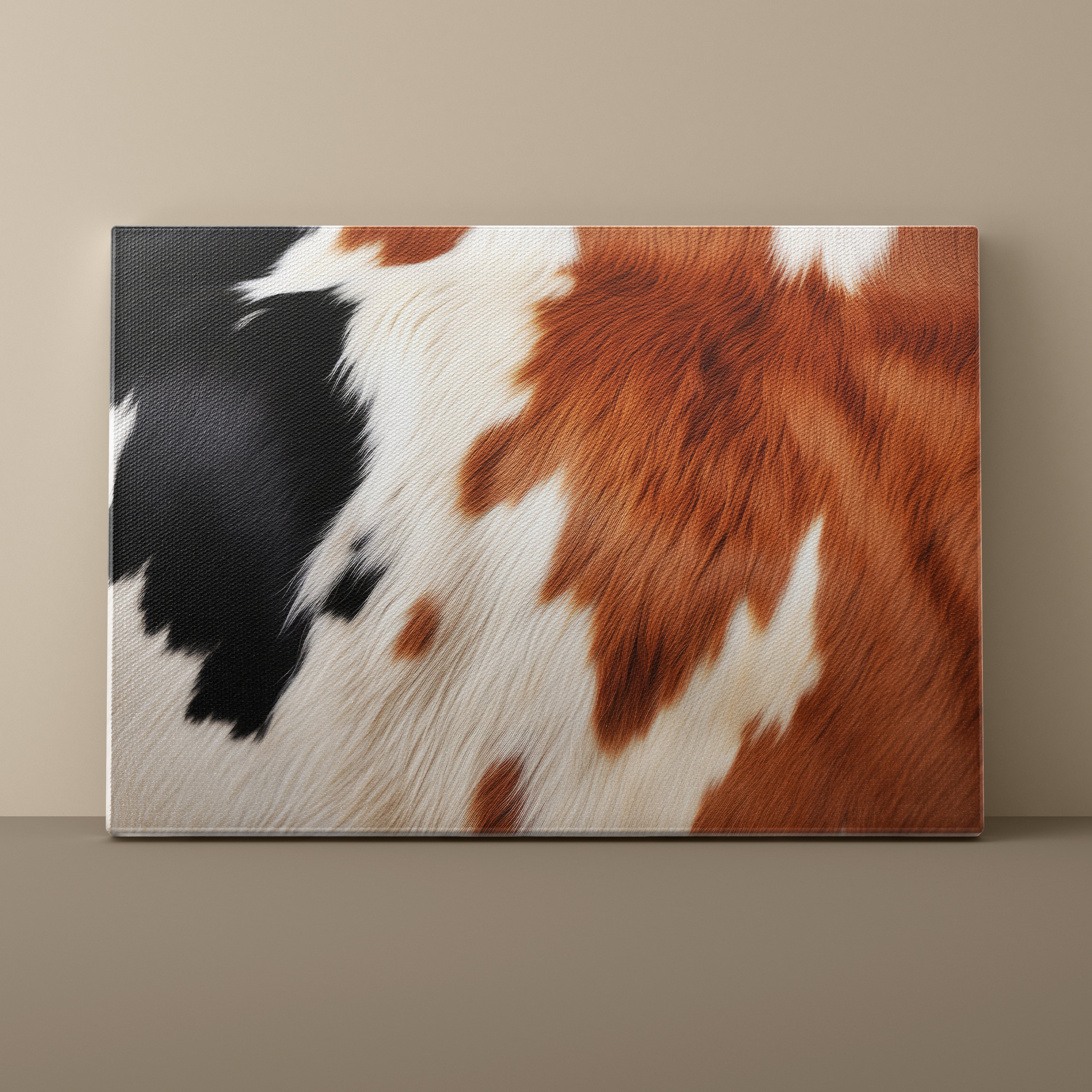 Canvas print of a cowhide pattern on a beige wall