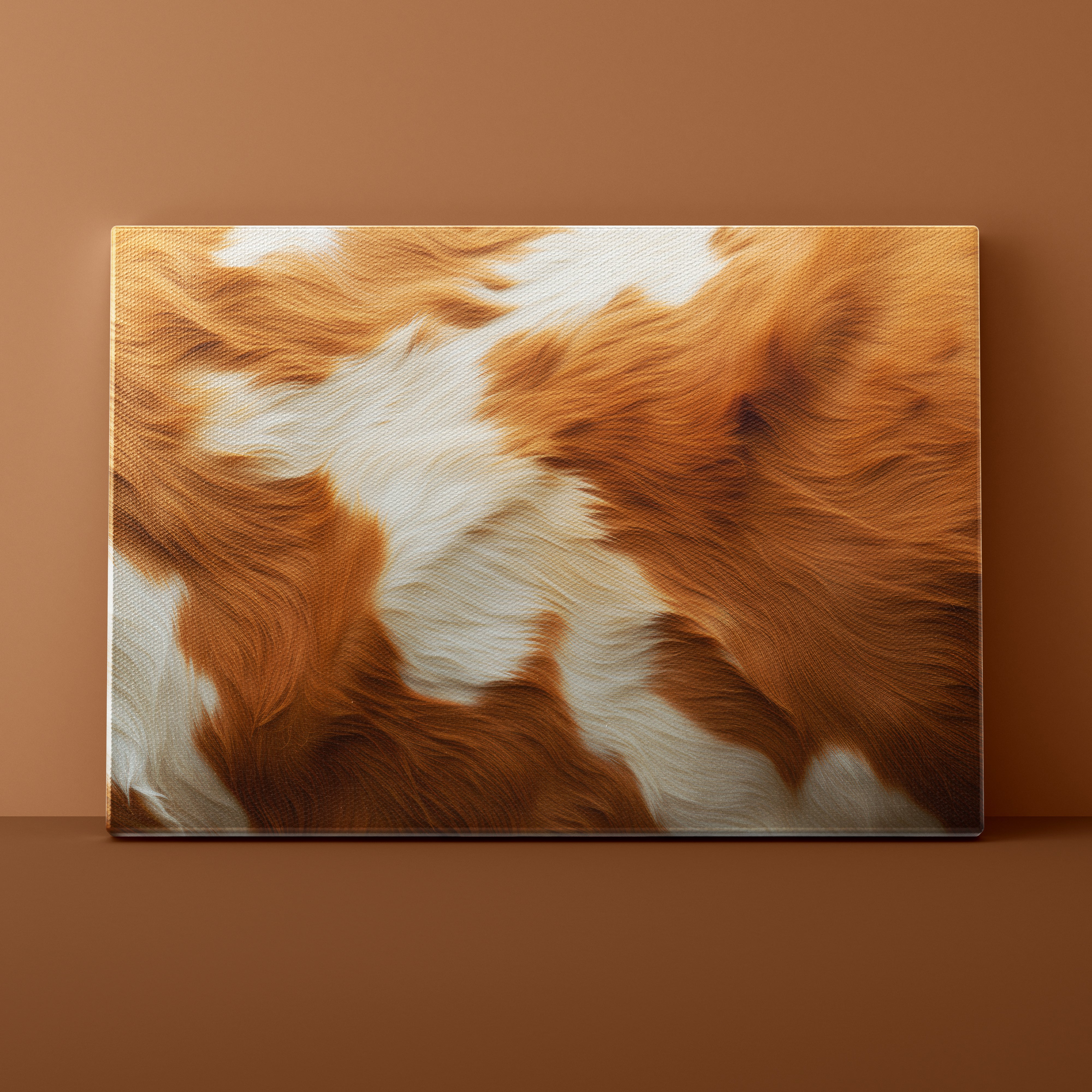 Close-up of a cowhide rug with brown and white pattern on a brown background