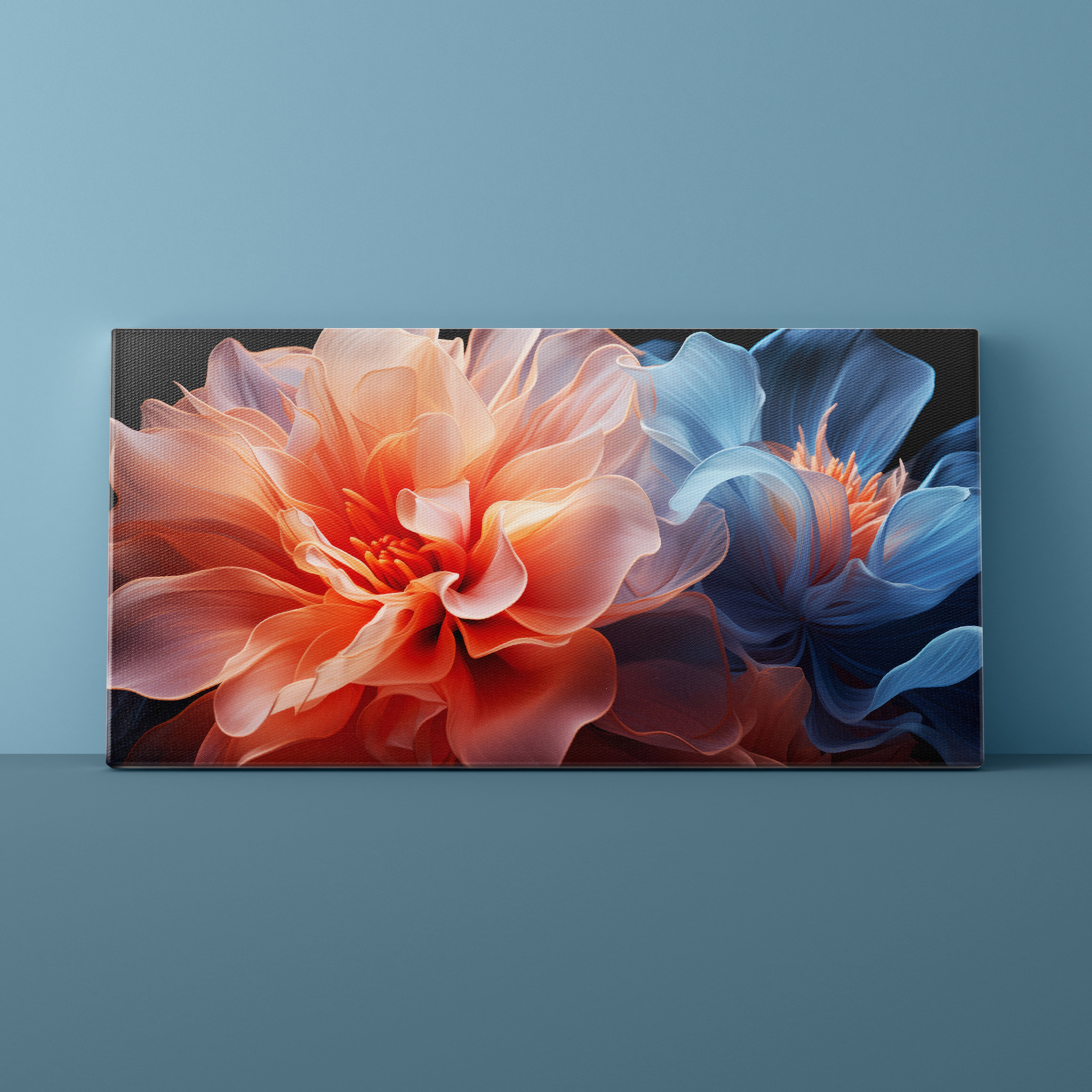 Floral artwork on a blue wall