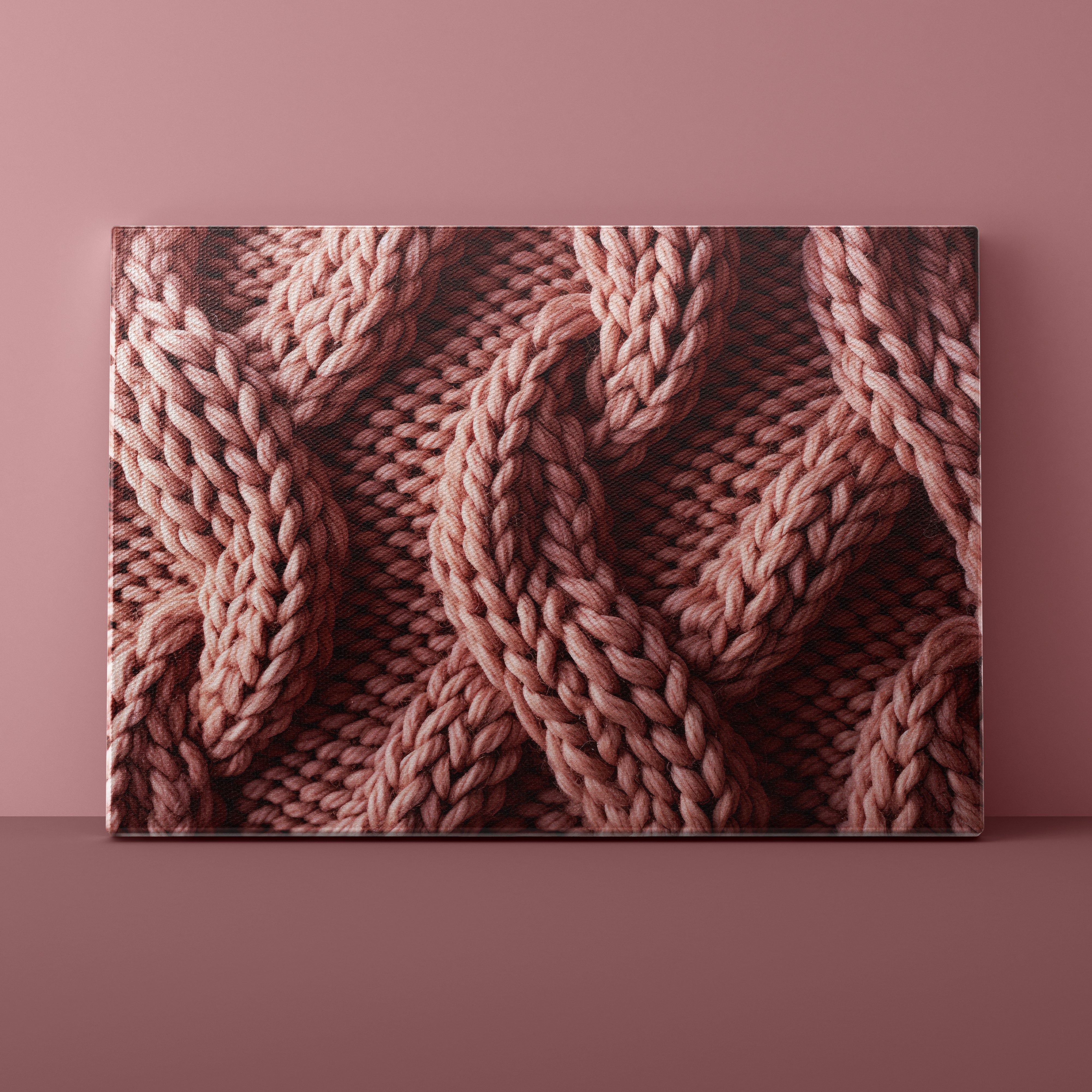 Close-up of a knitted fabric pattern on a pink background