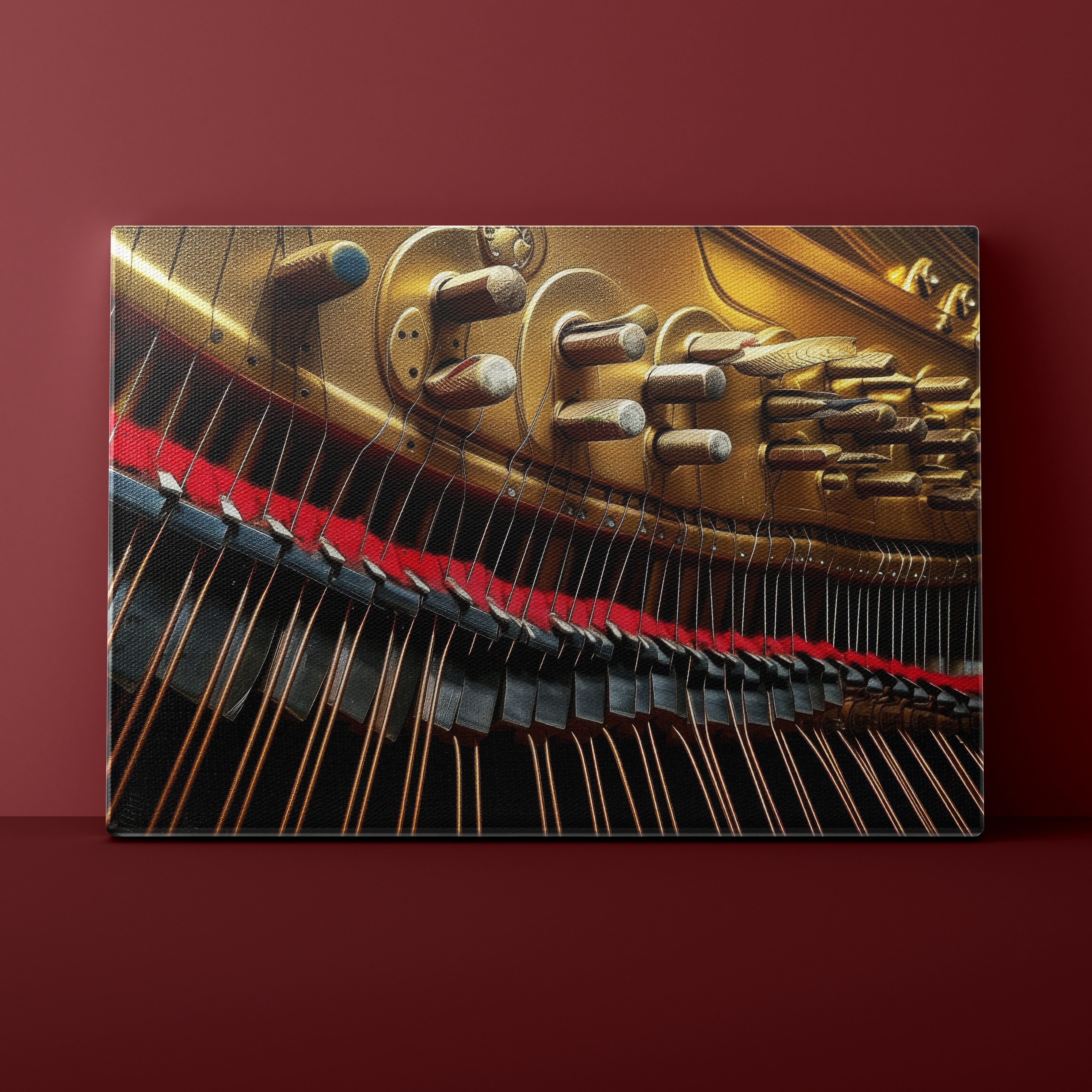 Close-up of a piano's strings and mechanism on a red background