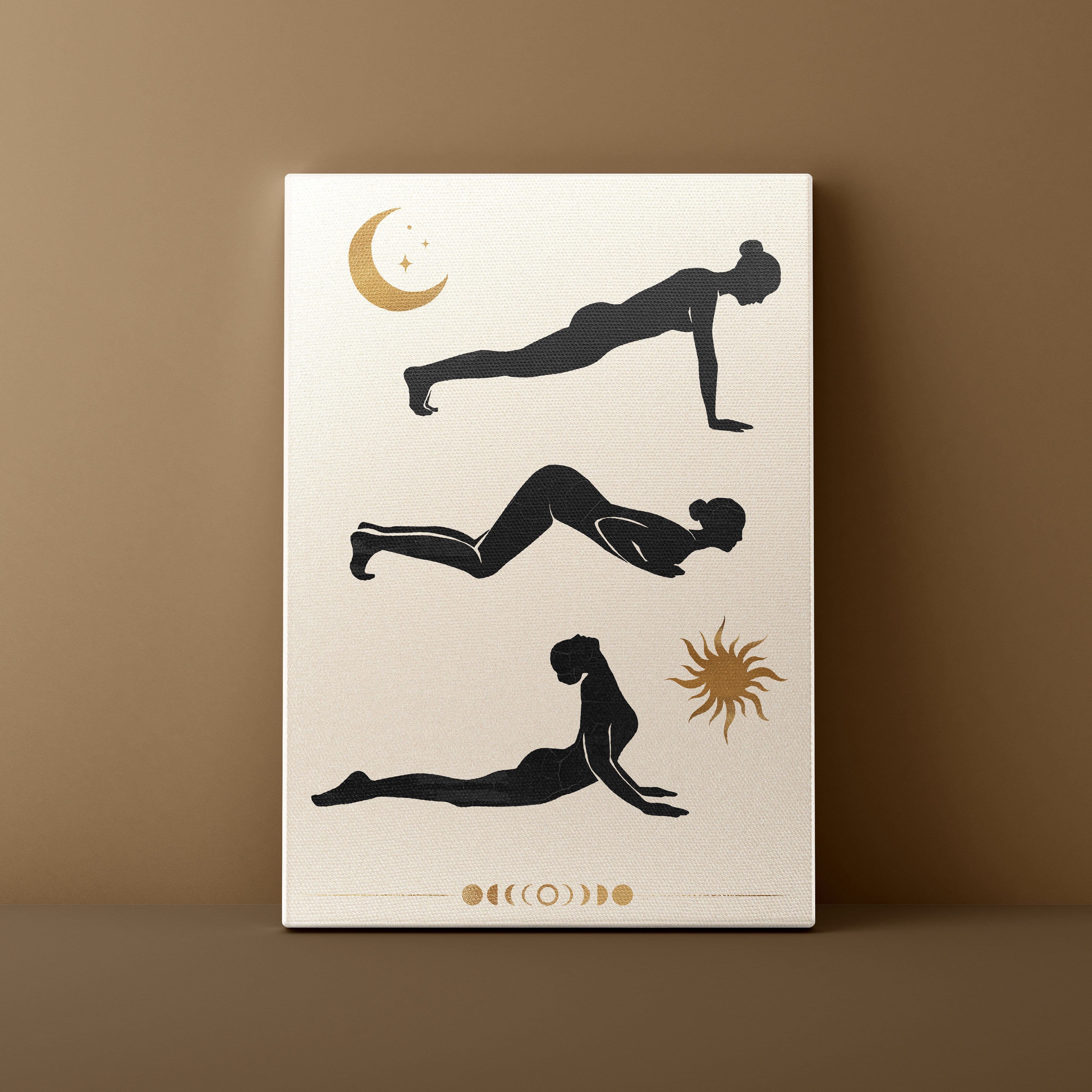 Yoga pose poster with black silhouettes of people in various poses on a beige background.