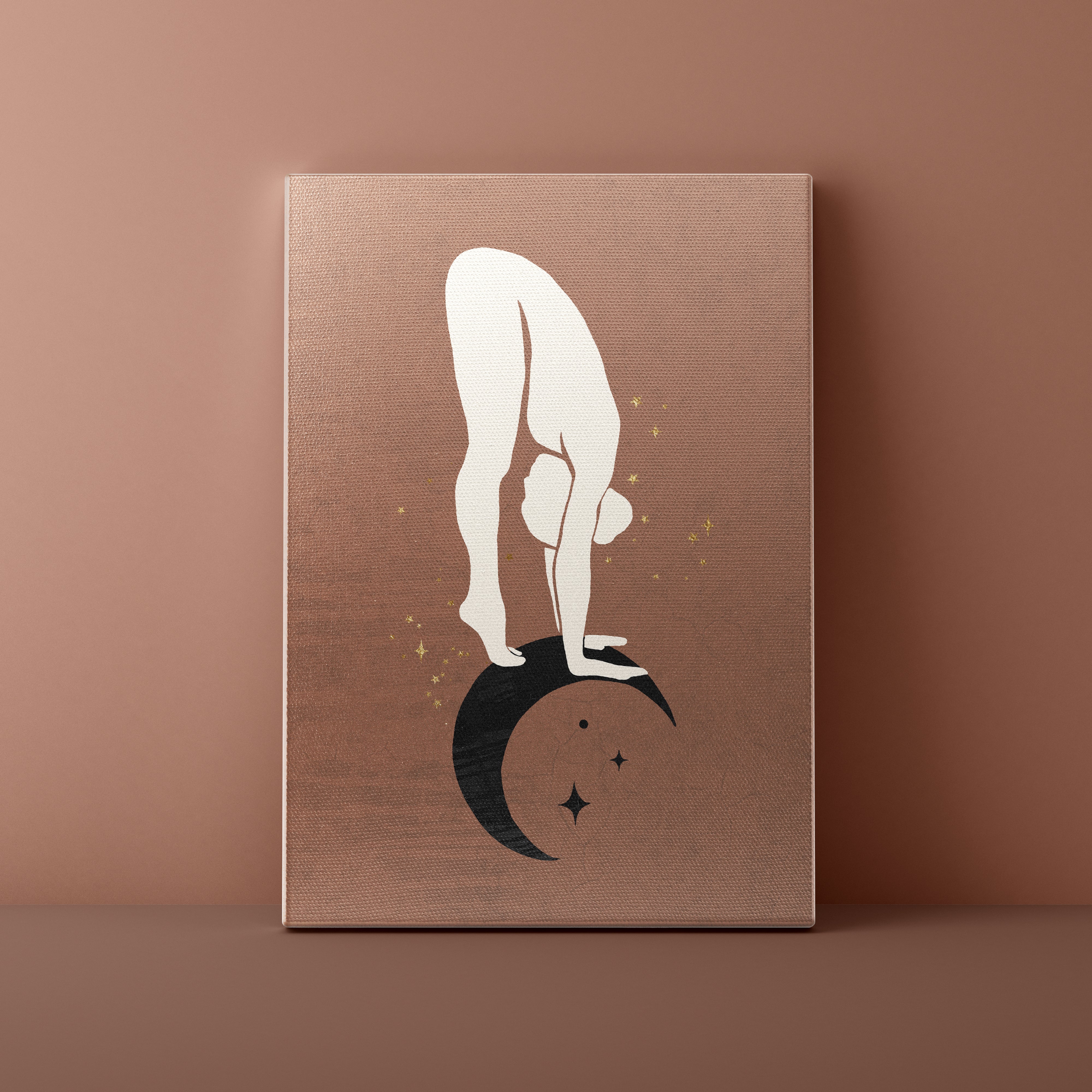 Book cover with a white silhouette of a person on a crescent moon against a brown background