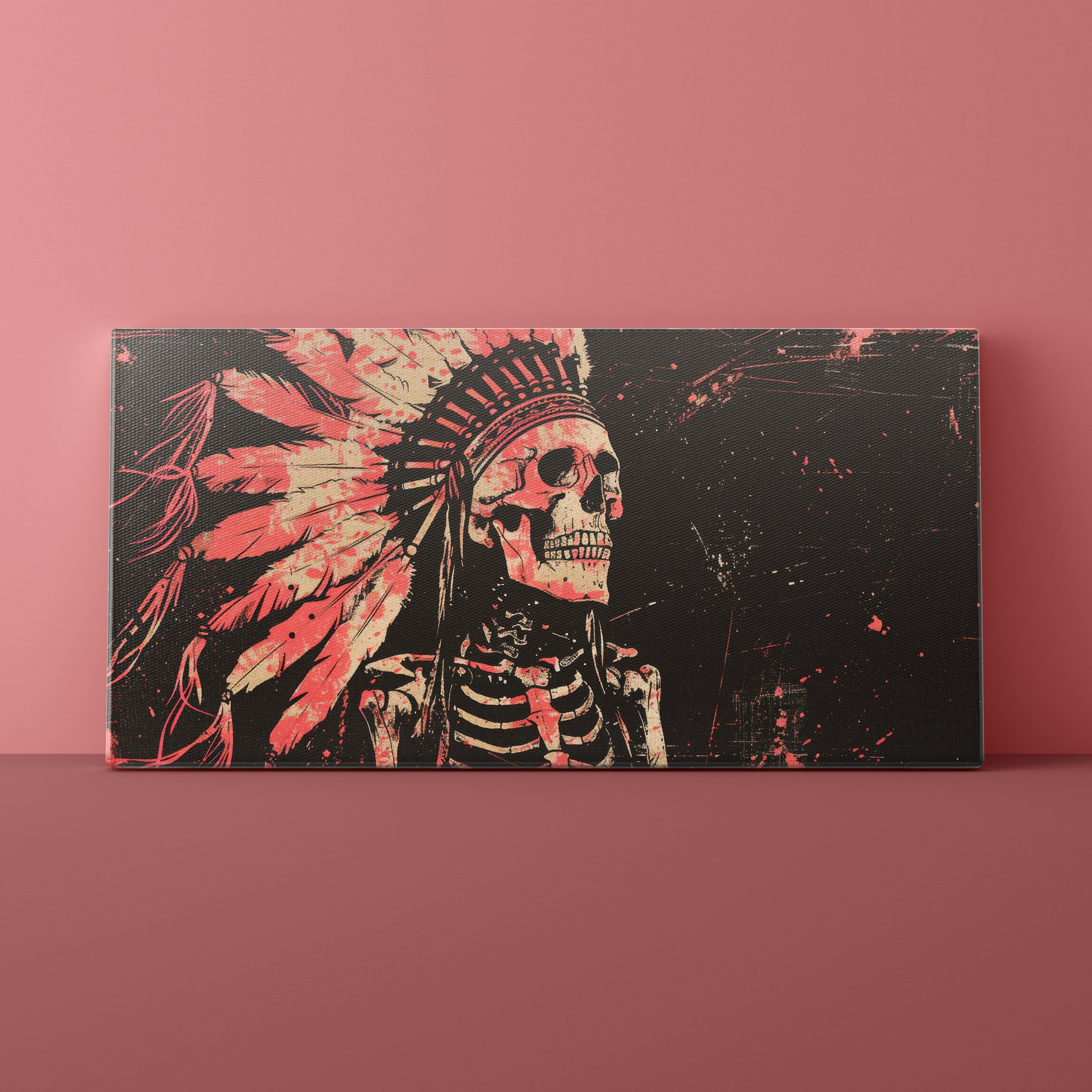 Skeletal face with red feather headdress on a black background