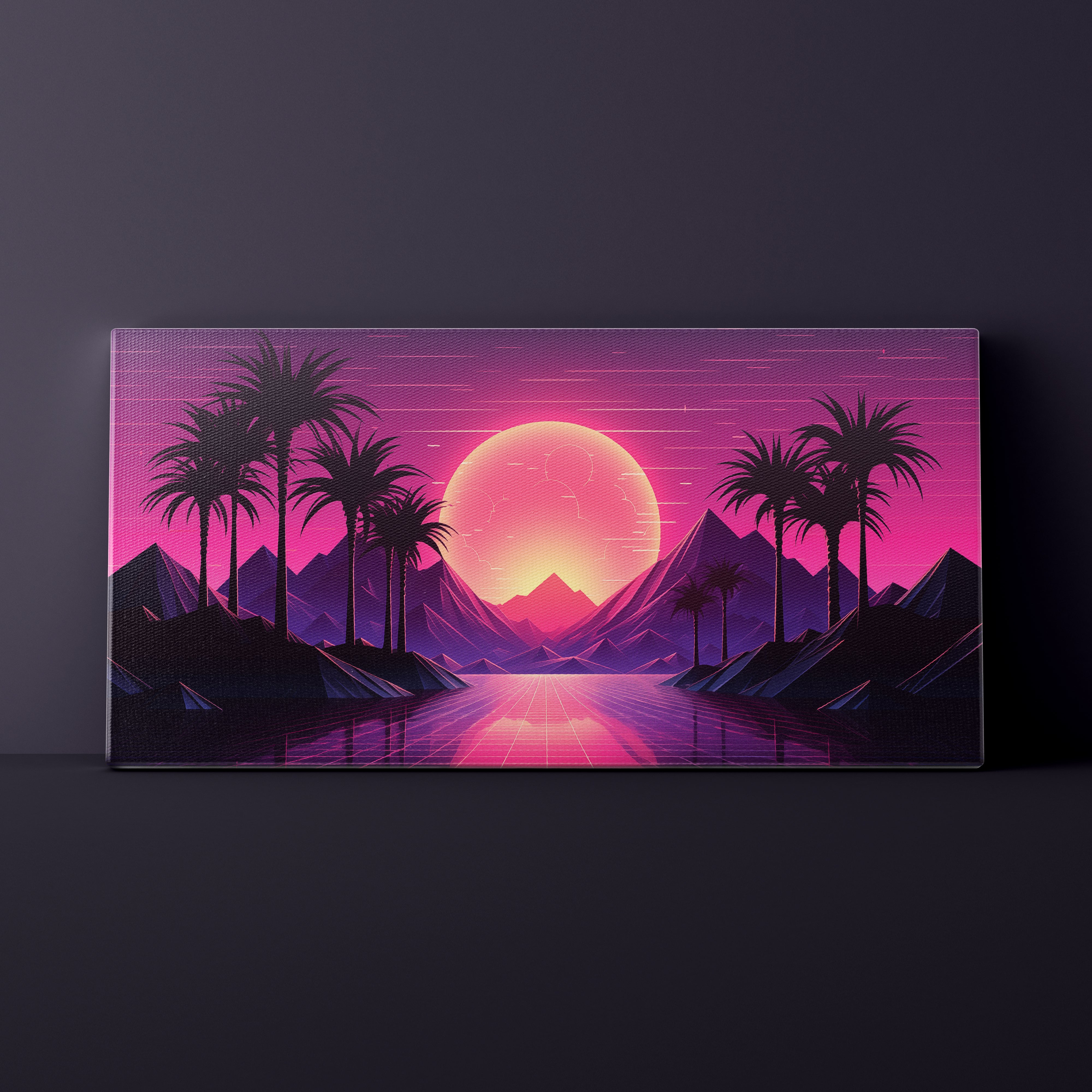 Futuristic landscape with palm trees, mountains, and a glowing pink sun on a dark background