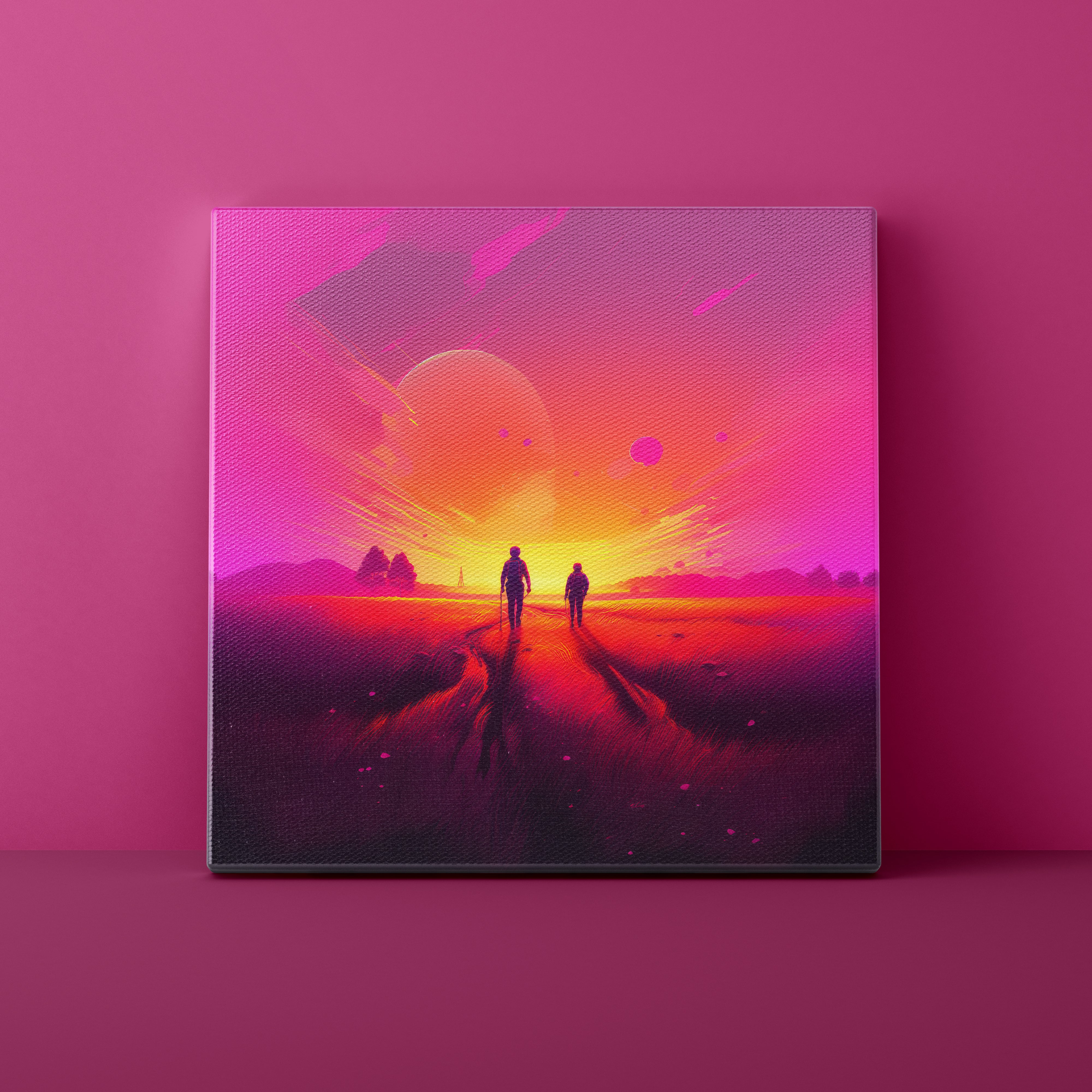 Futuristic landscape with two figures walking towards a glowing planet on a pink wall.