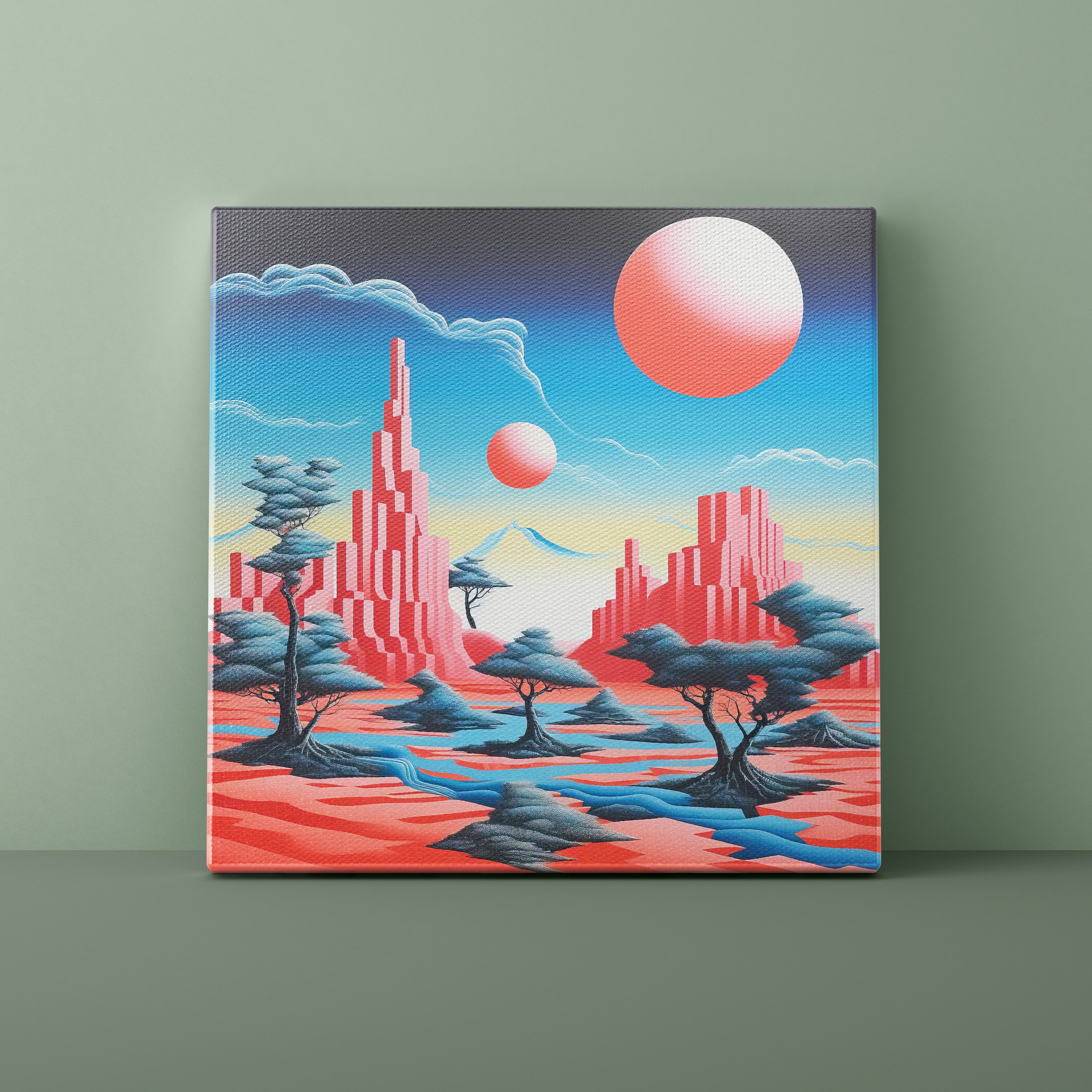 Canvas print of a futuristic landscape with red buildings and a pink sun on a green wall.