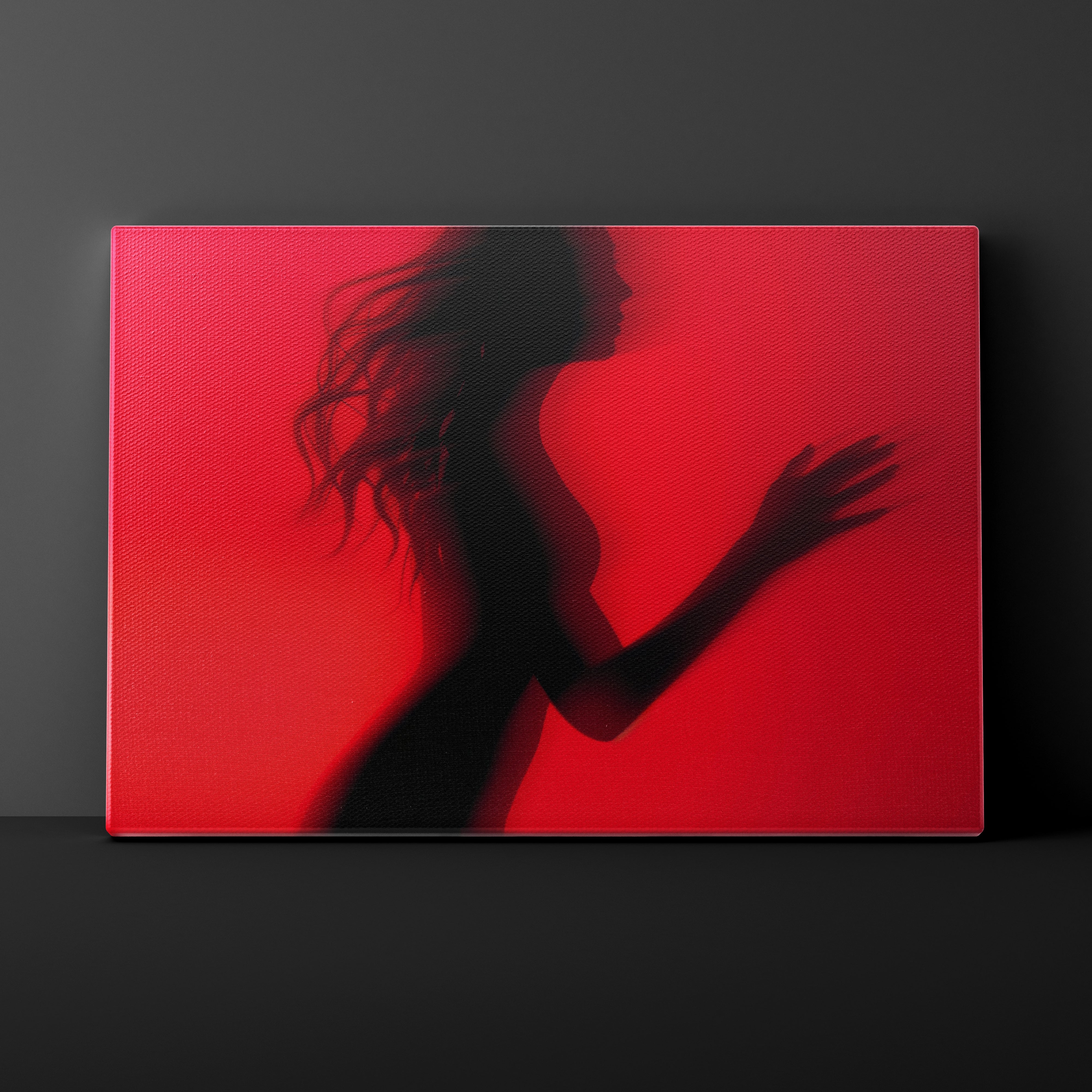 Silhouette of a woman against a red background on a textured wall.
