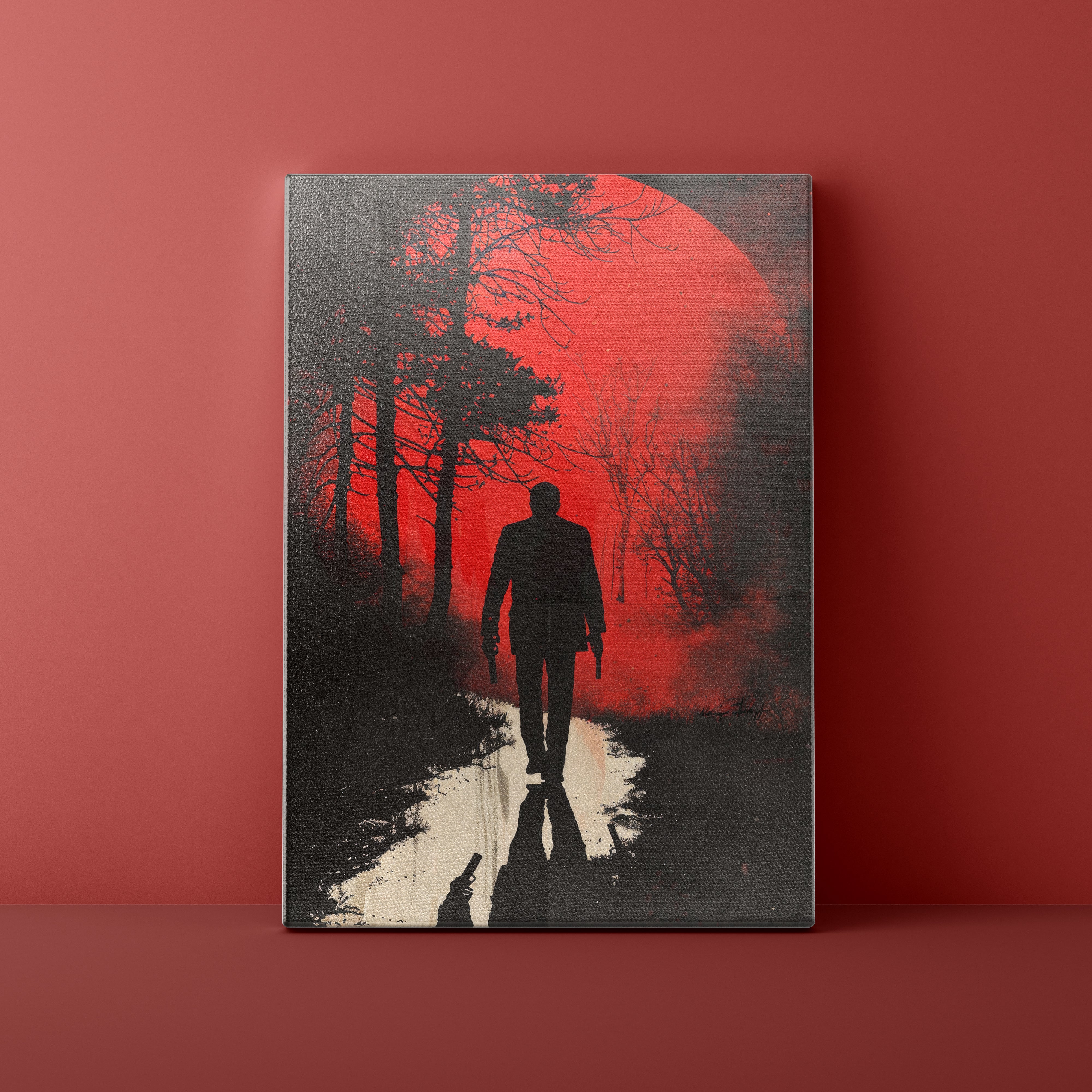 Silhouette of a person walking through a forest with a red sky on a book cover.