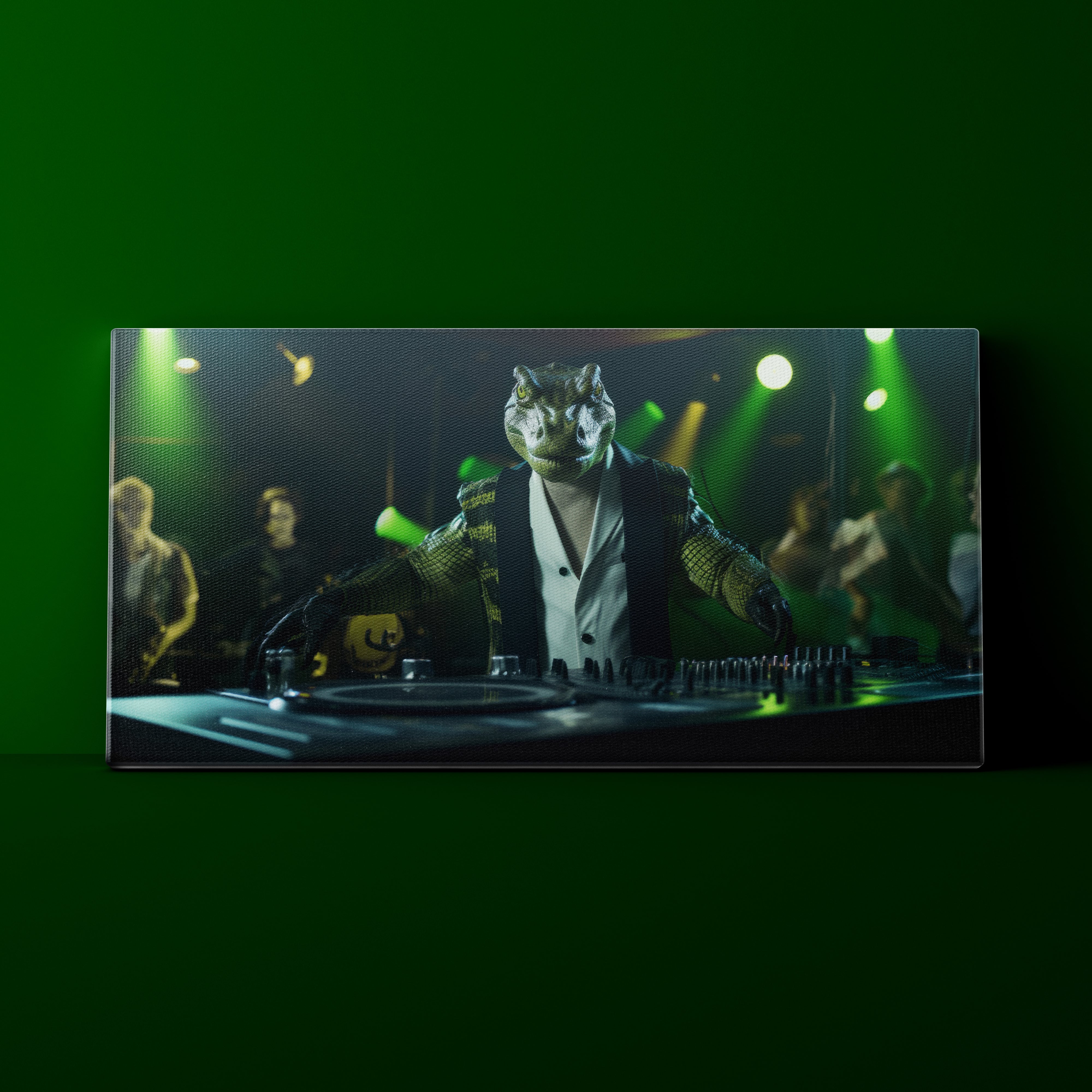Person wearing a crocodile mask DJing at a club with green lighting