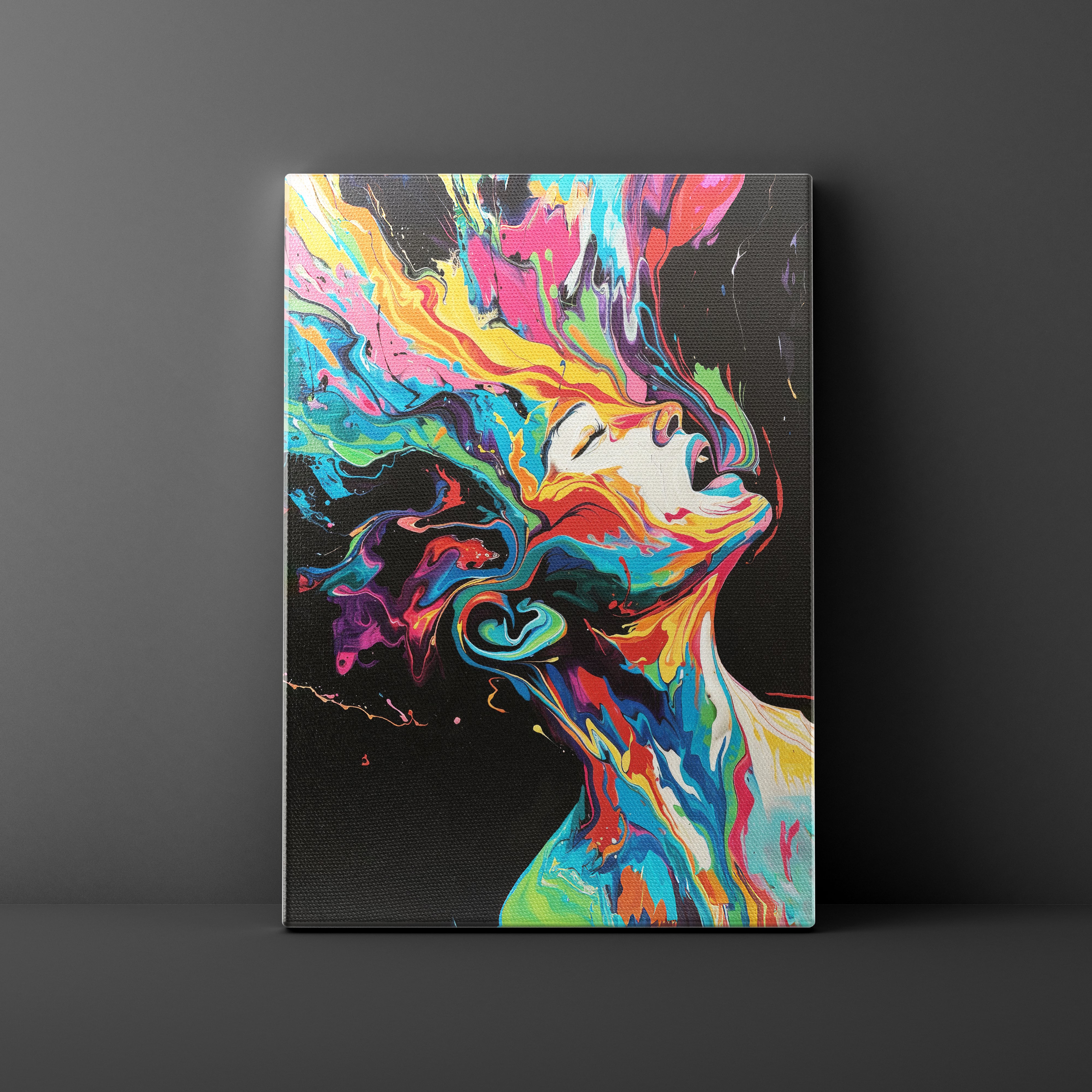 Colorful abstract painting of a face on a dark gray background