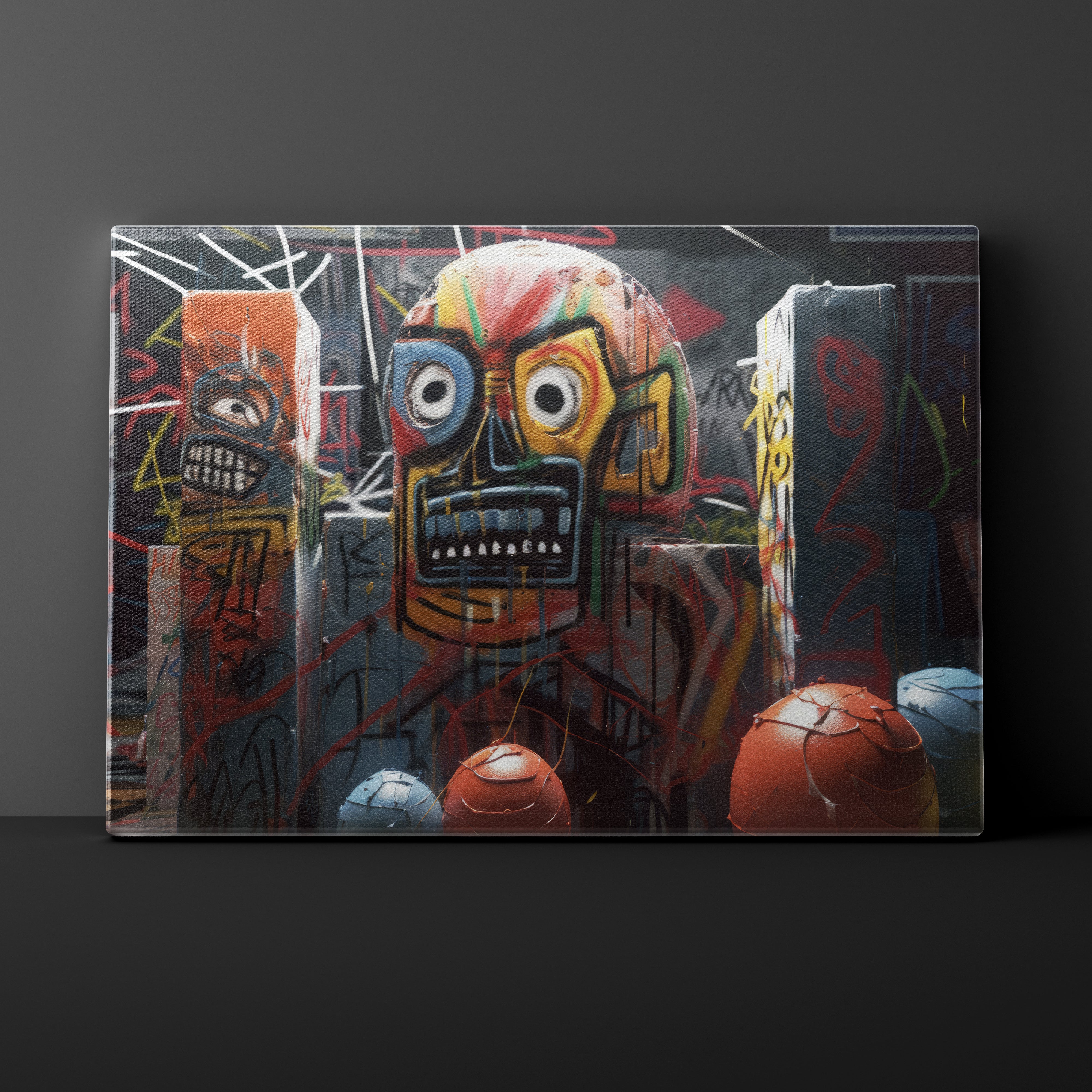 Colorful abstract art piece with a stylized face and geometric shapes on a dark background