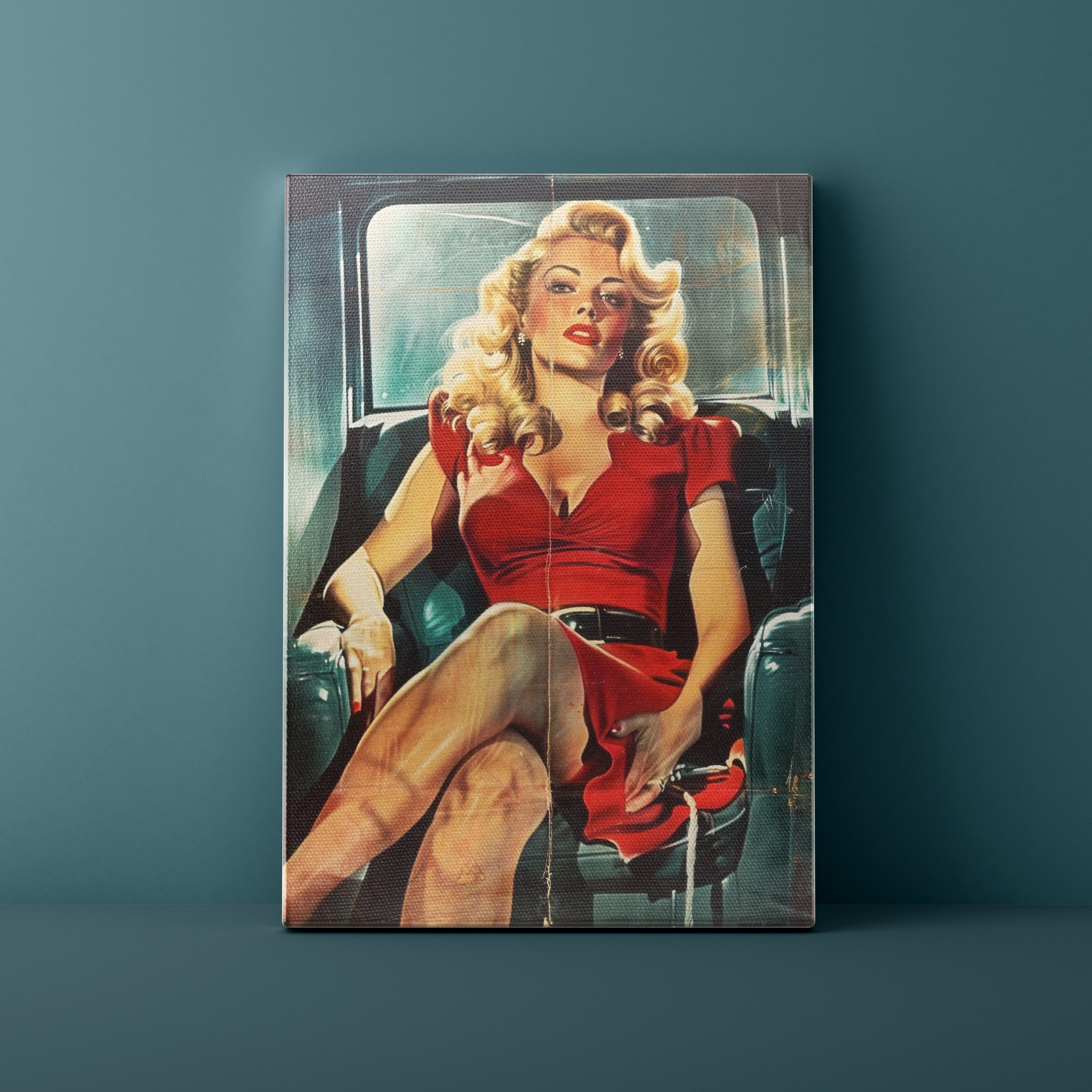 Vintage-style painting of a woman in a red dress sitting in a car on a teal background