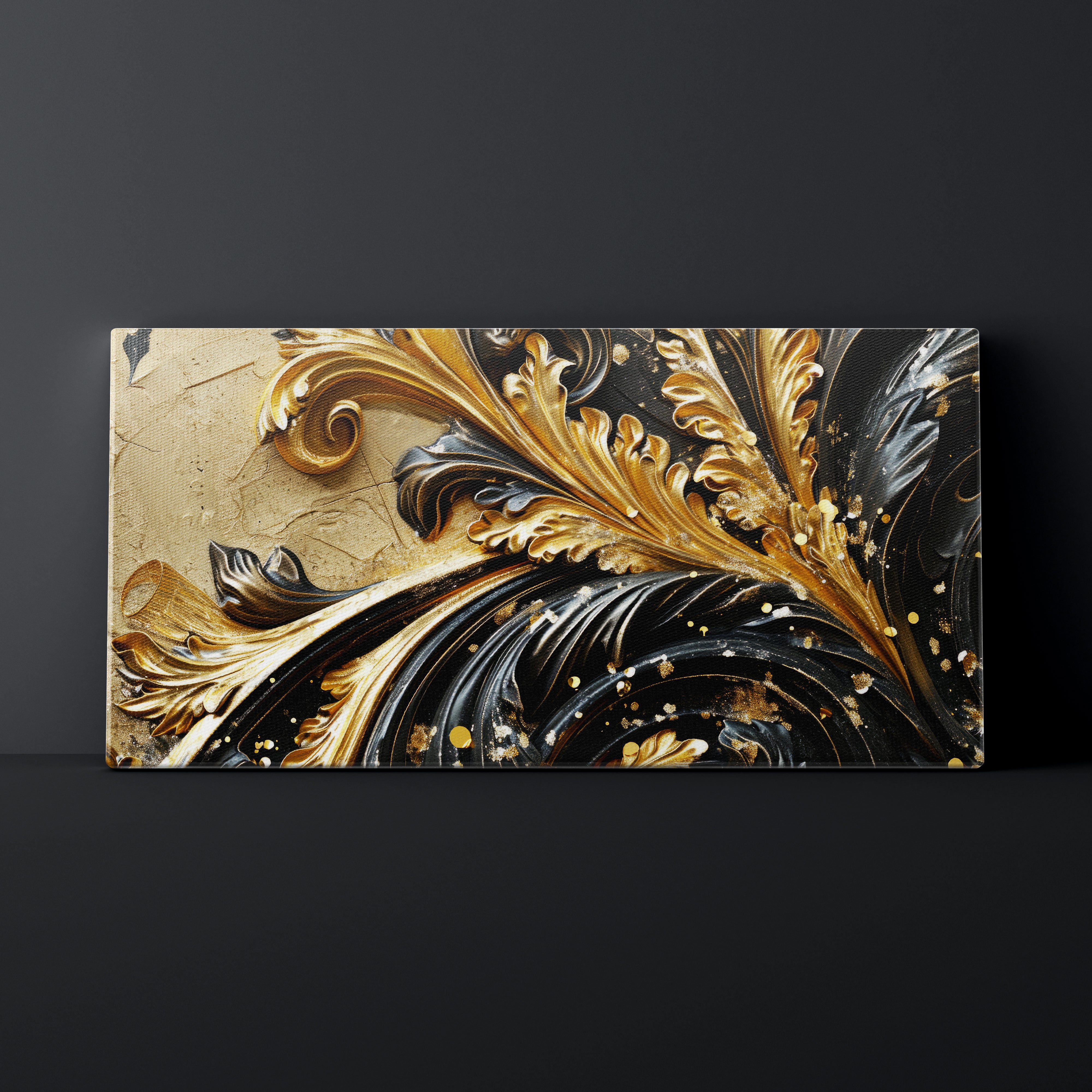 Decorative panel with gold and black leaf patterns on a dark background