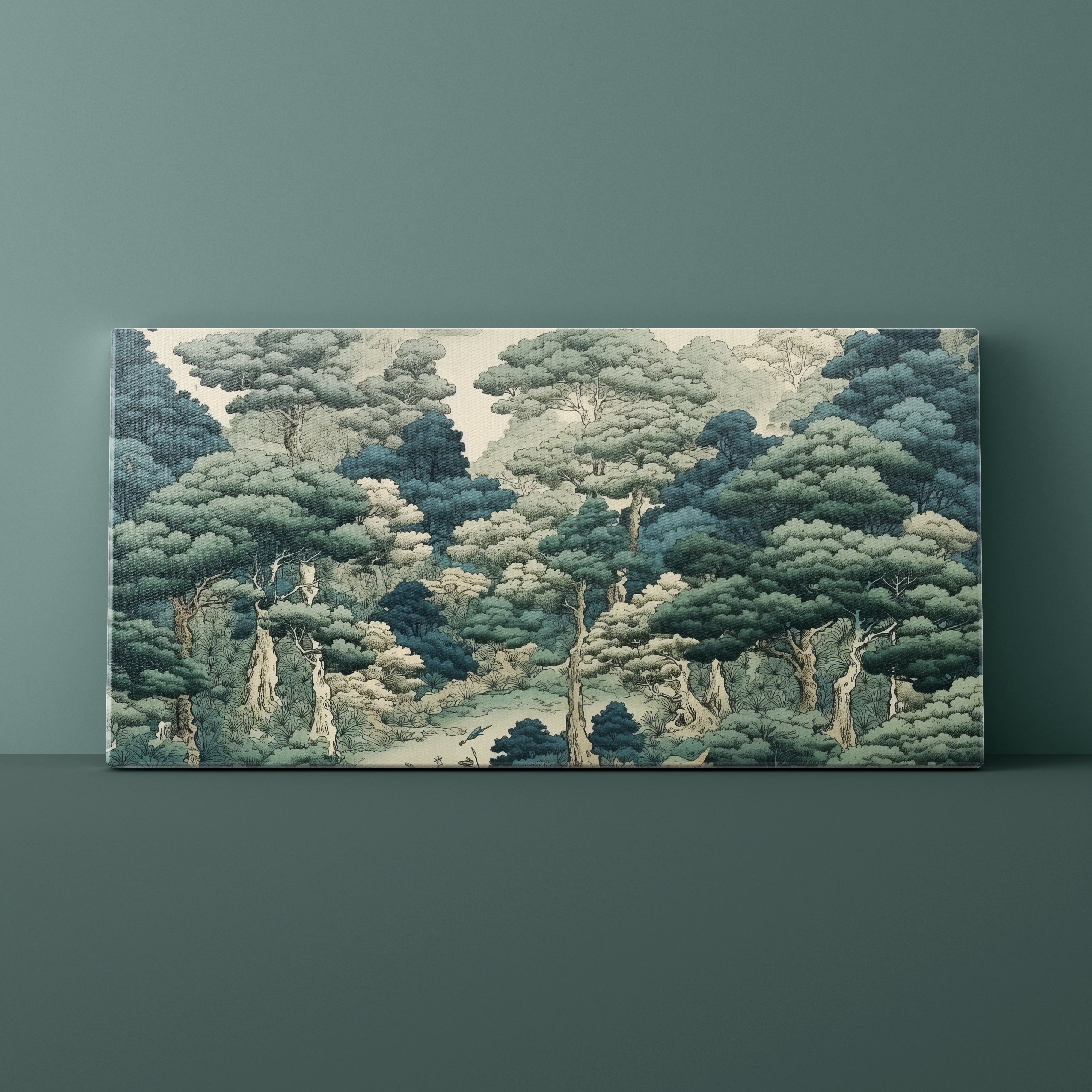 Canvas print of a forest scene on a green wall