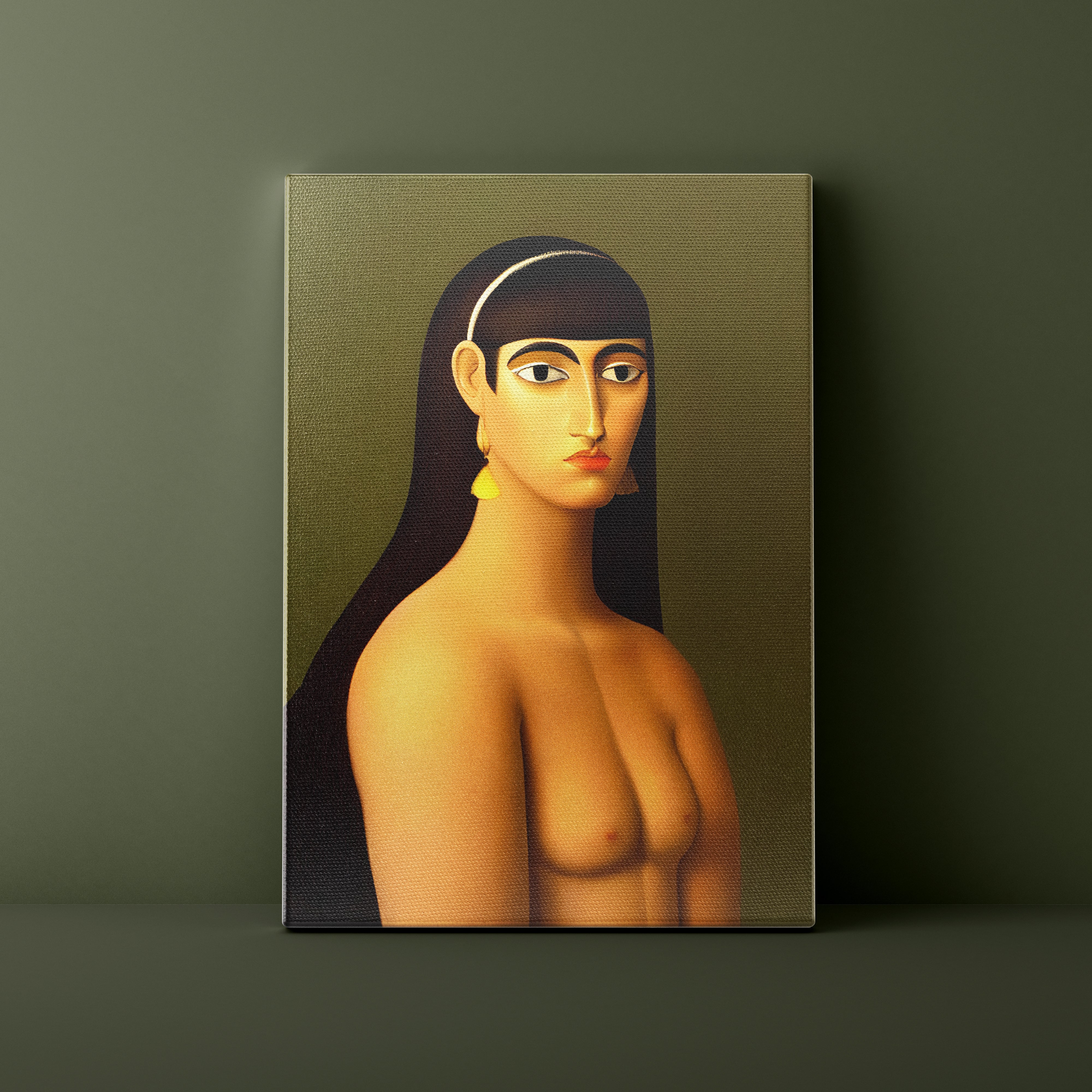 Canvas print of a stylized portrait against a dark green background