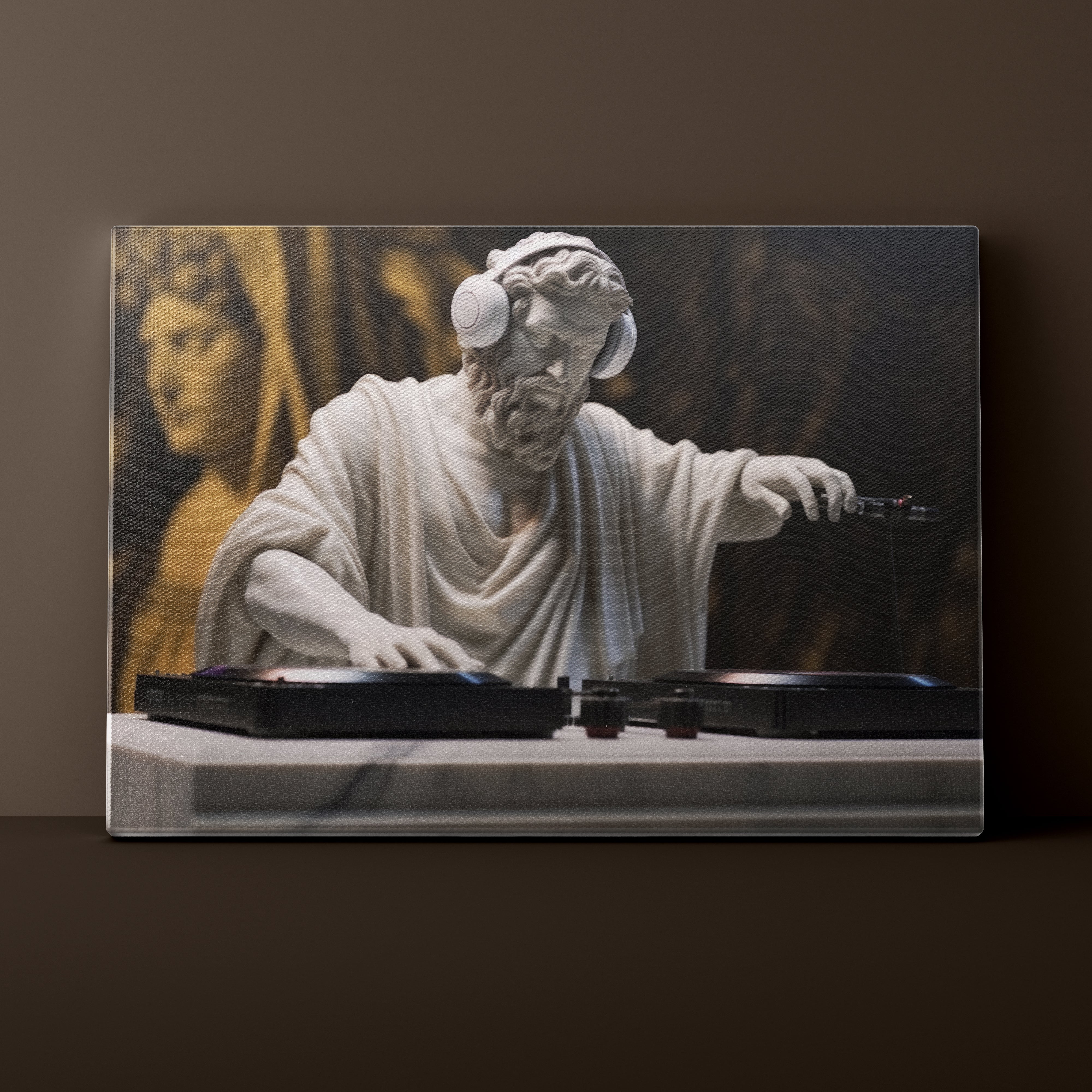 Statue of a classical figure wearing headphones and interacting with turntables on a dark background