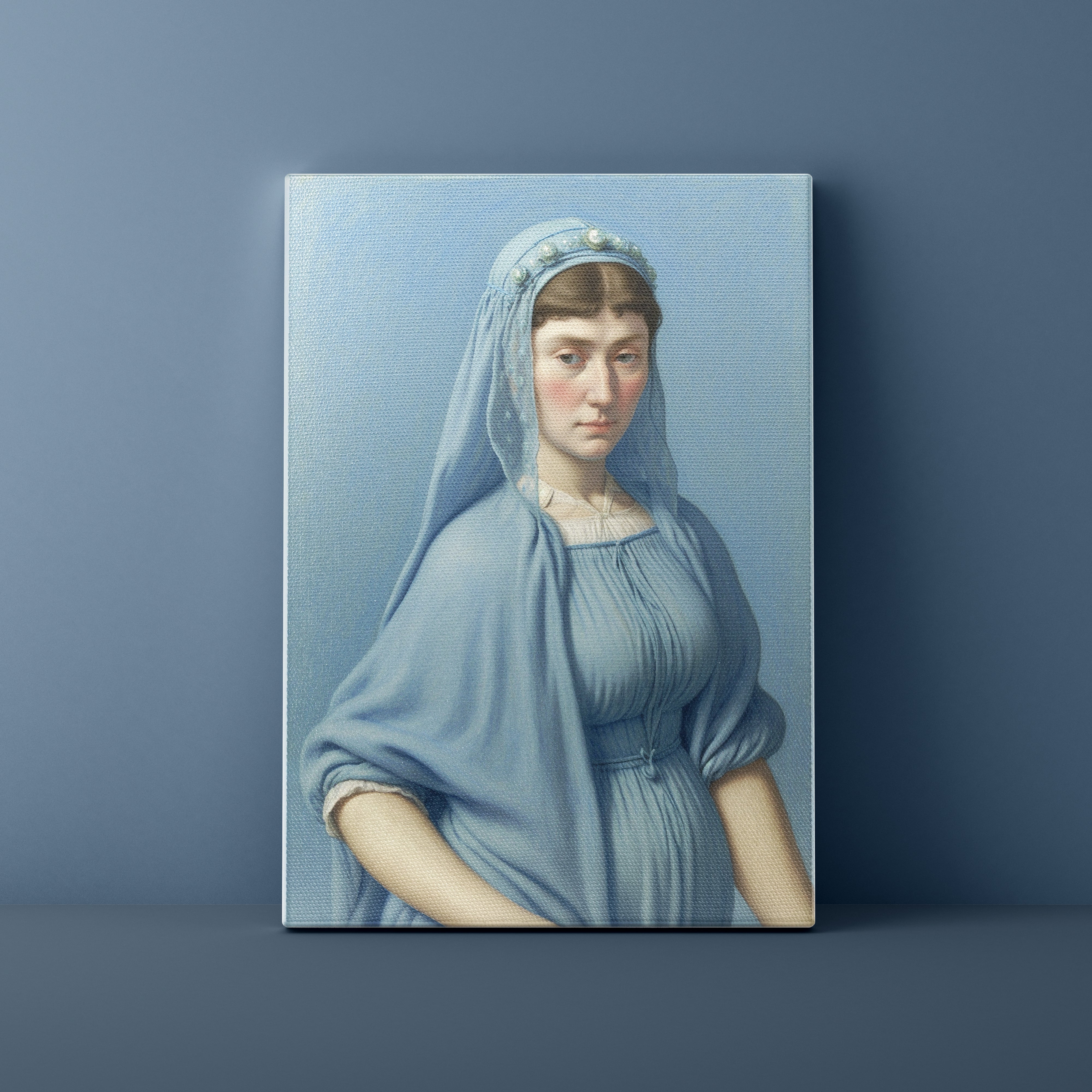 Portrait of a woman in a blue dress and headscarf on a blue background