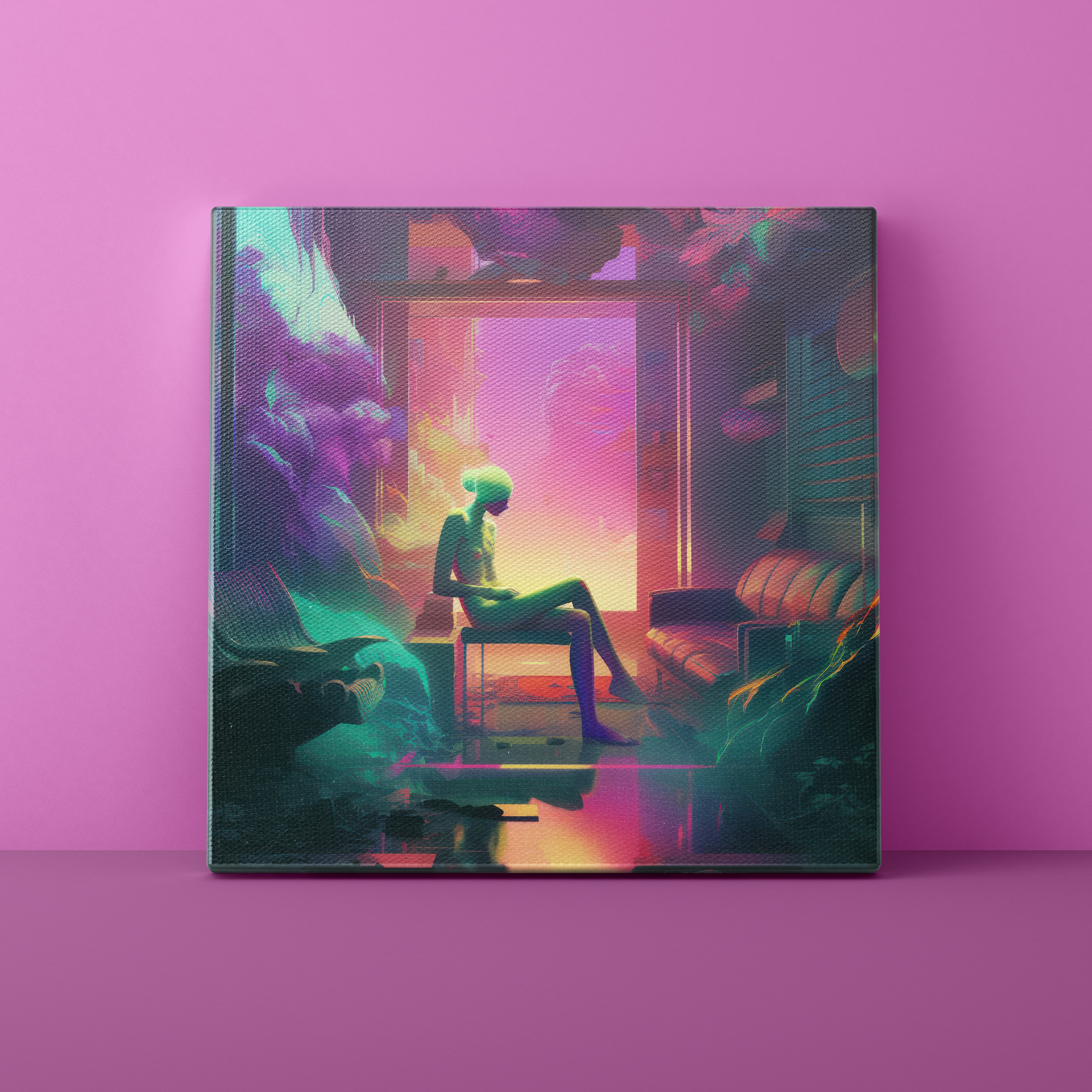 Futuristic interior with a person sitting on a chair, vibrant colors, and a pink wall.
