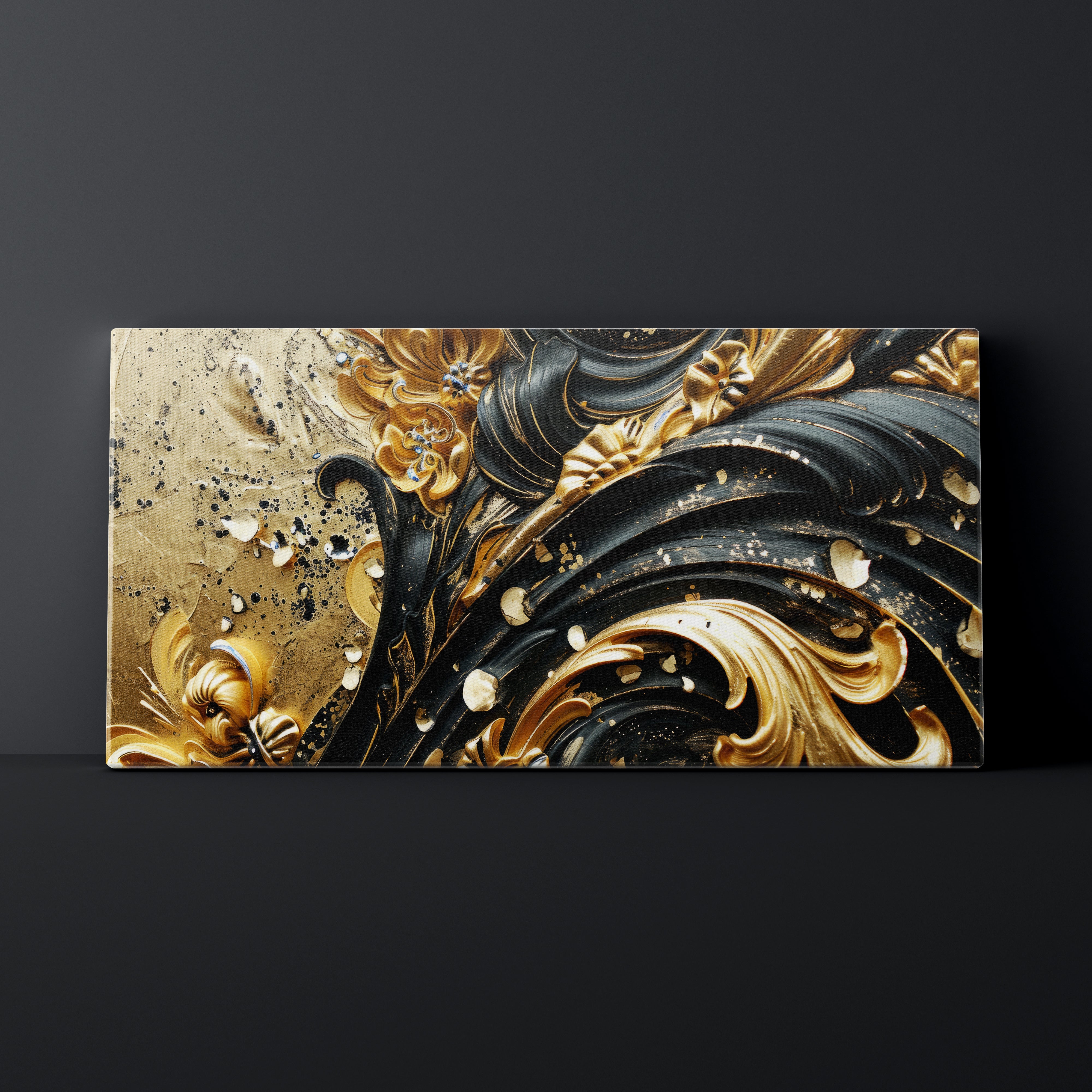 Decorative panel with gold and black floral patterns on a dark background