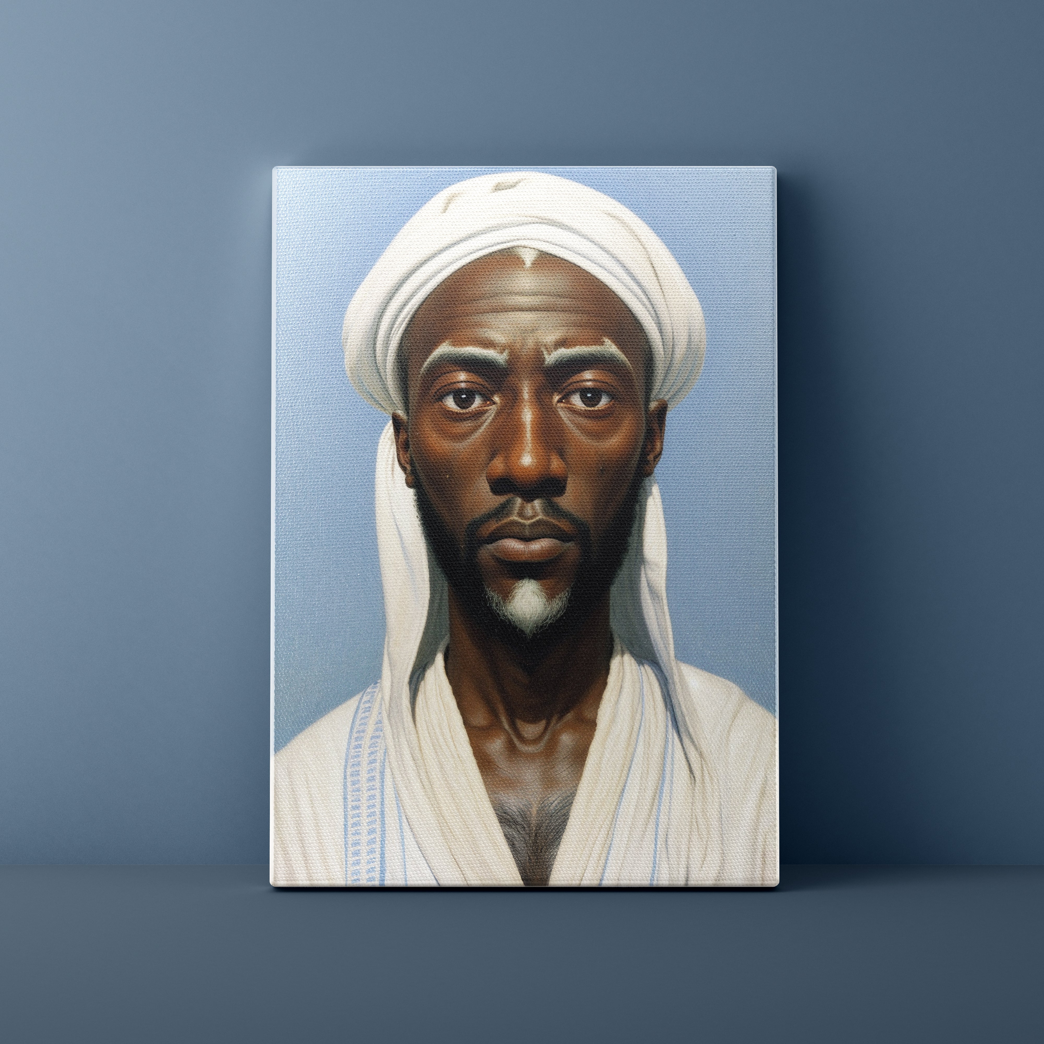 Canvas print of a man wearing a white turban against a blue background