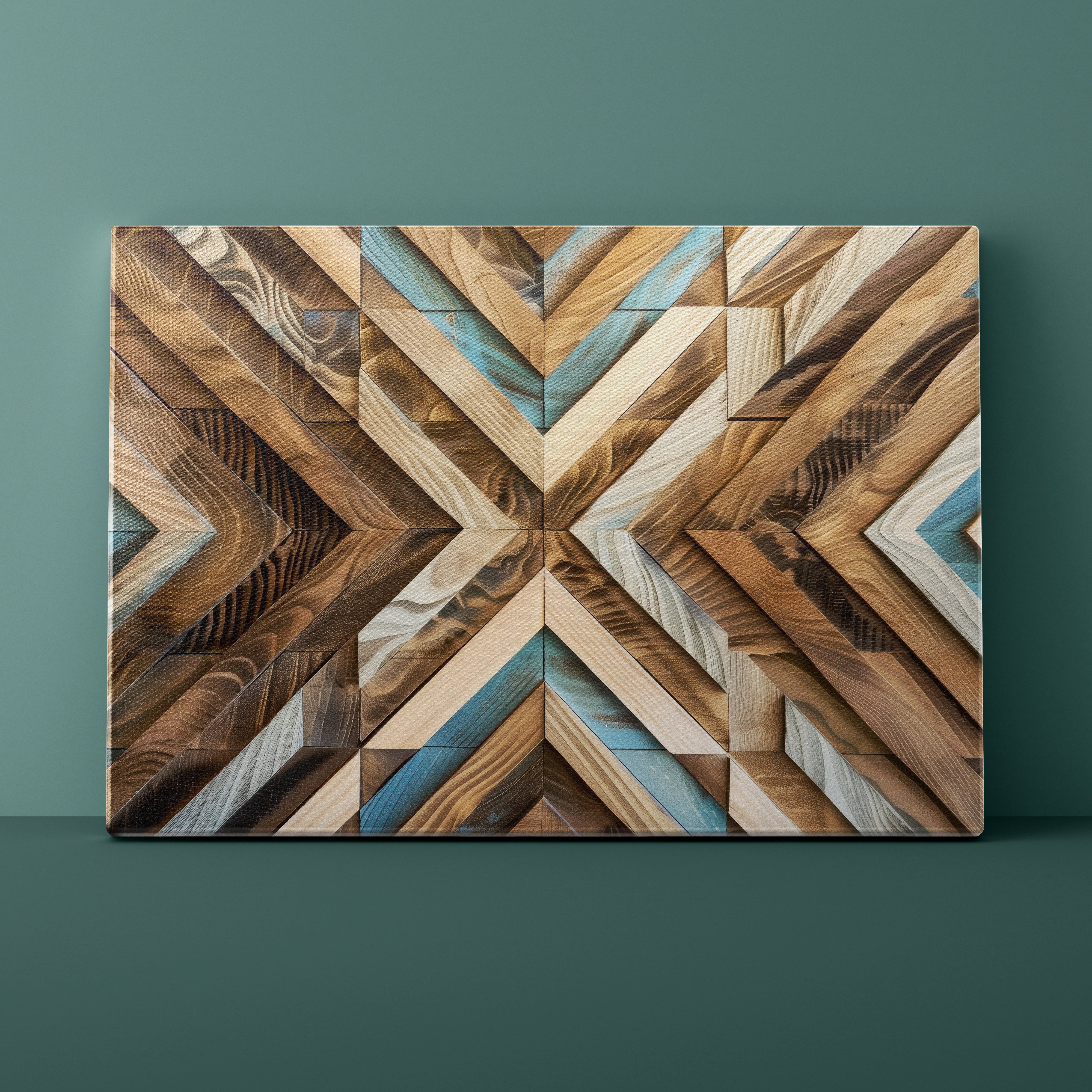 Wooden wall art with geometric pattern on a green background