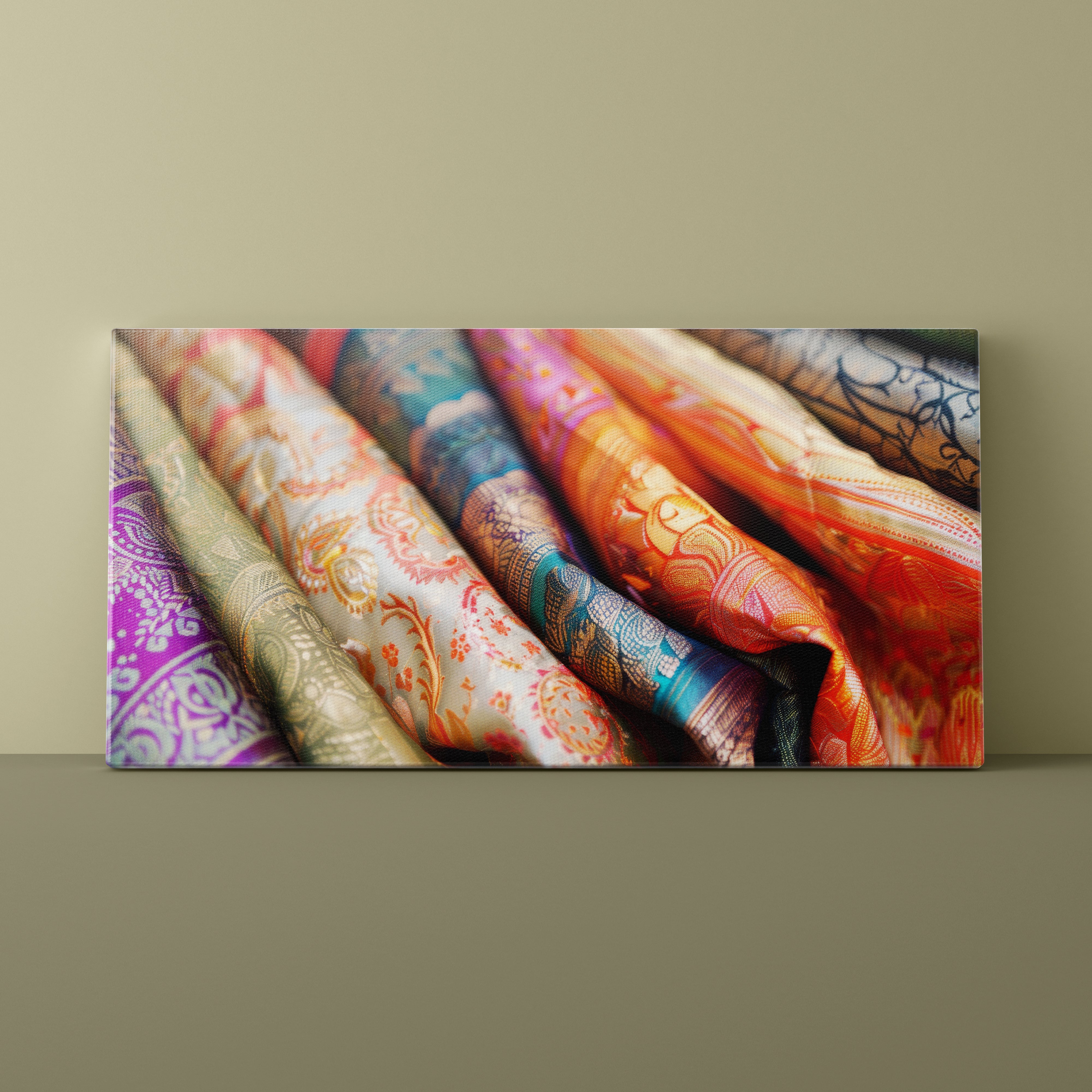Canvas print of colorful fabric rolls on a beige wall