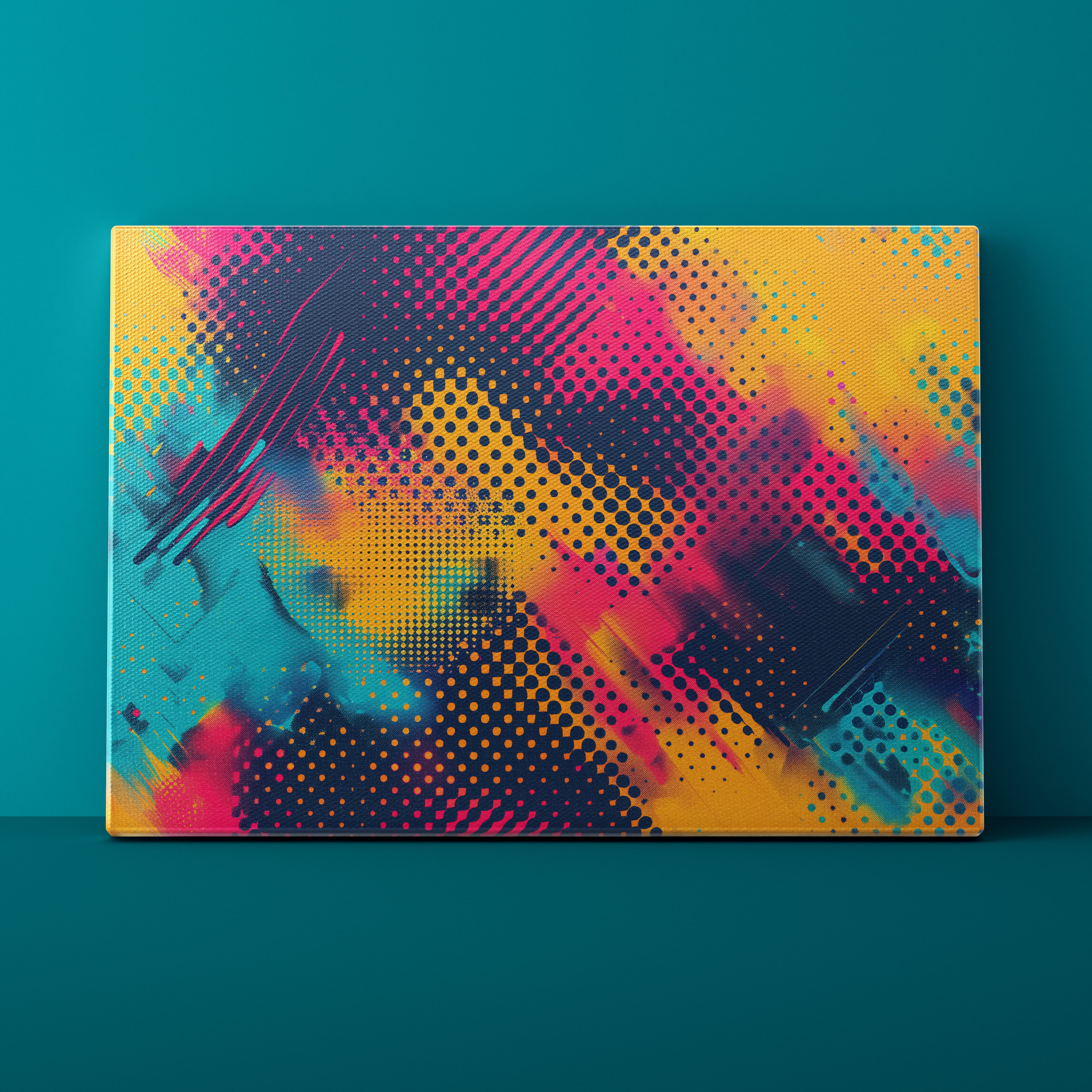 Colorful abstract design on a rectangular canvas against a teal background