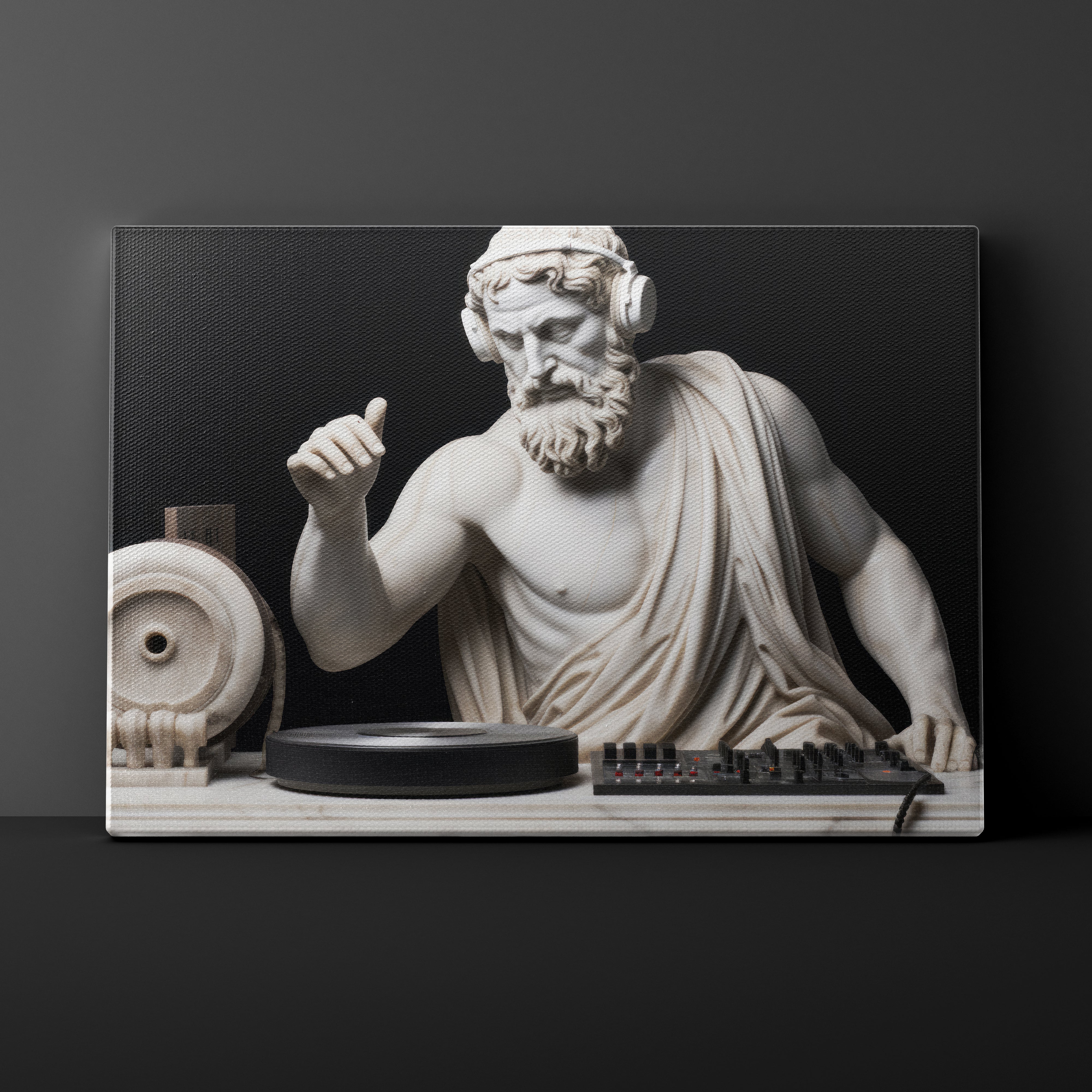 Statue of a classical figure with modern DJ equipment on a black background