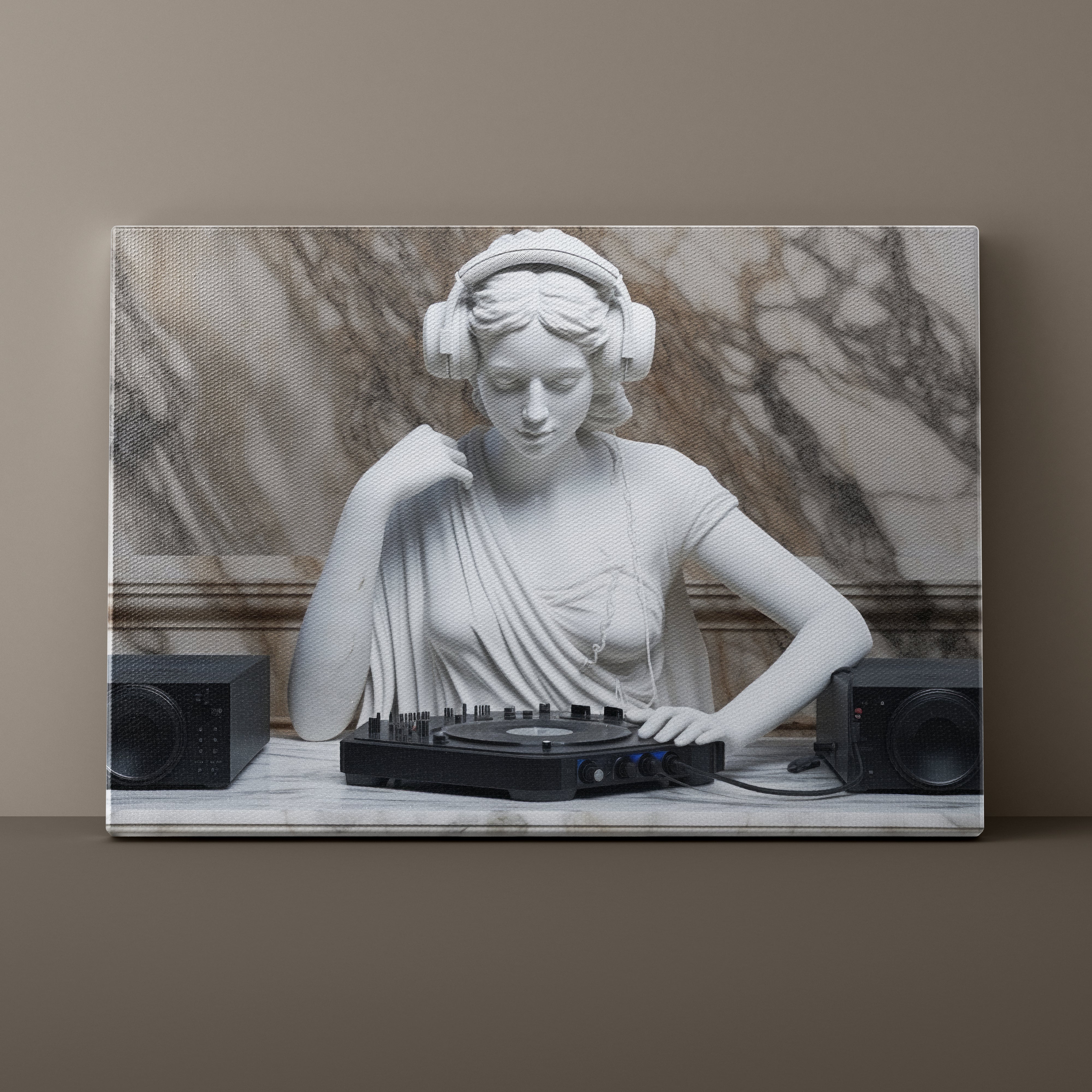 Statue of a woman wearing headphones and using DJ equipment against a marble wall.