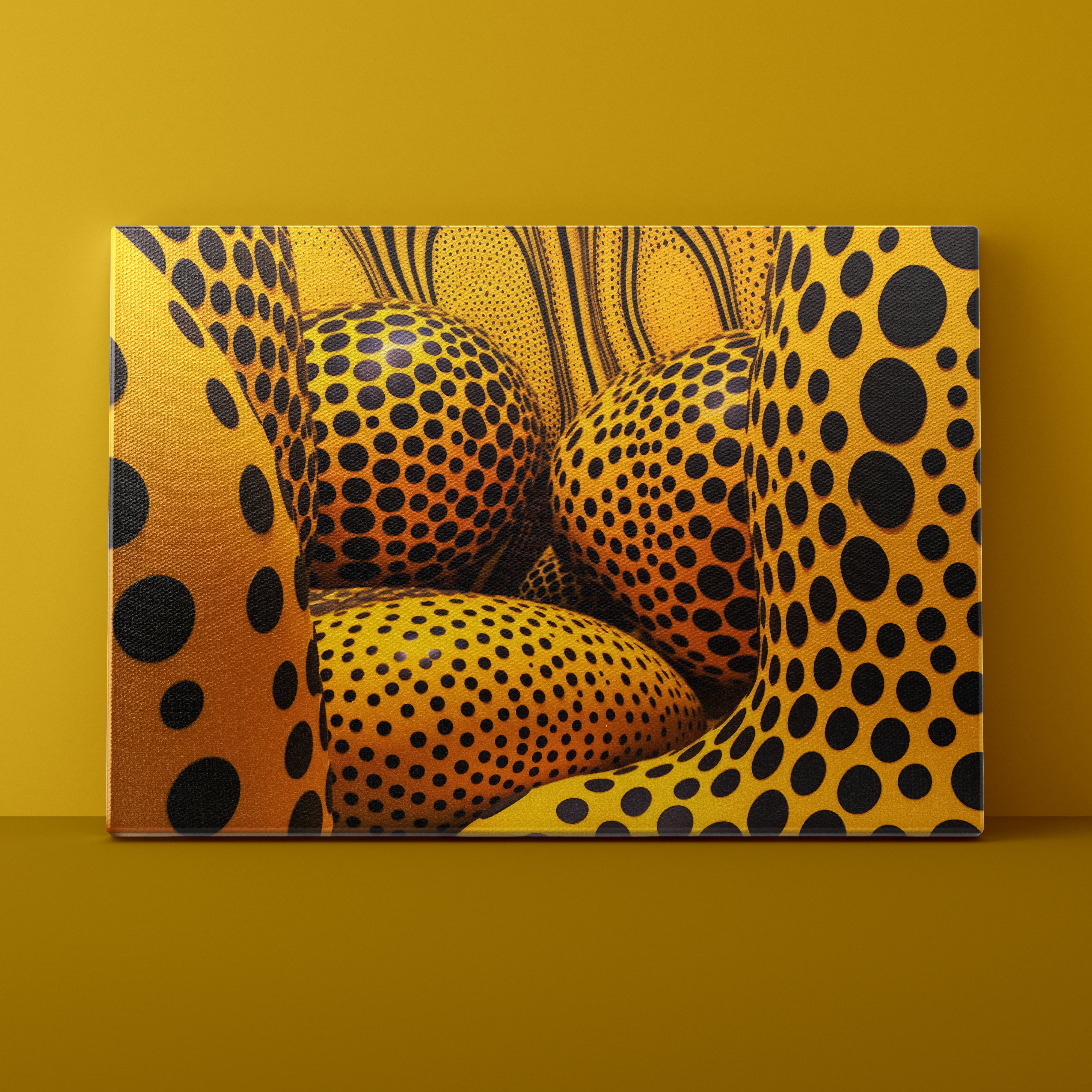 Sculpture with abstract design featuring black and orange patterns on a yellow background