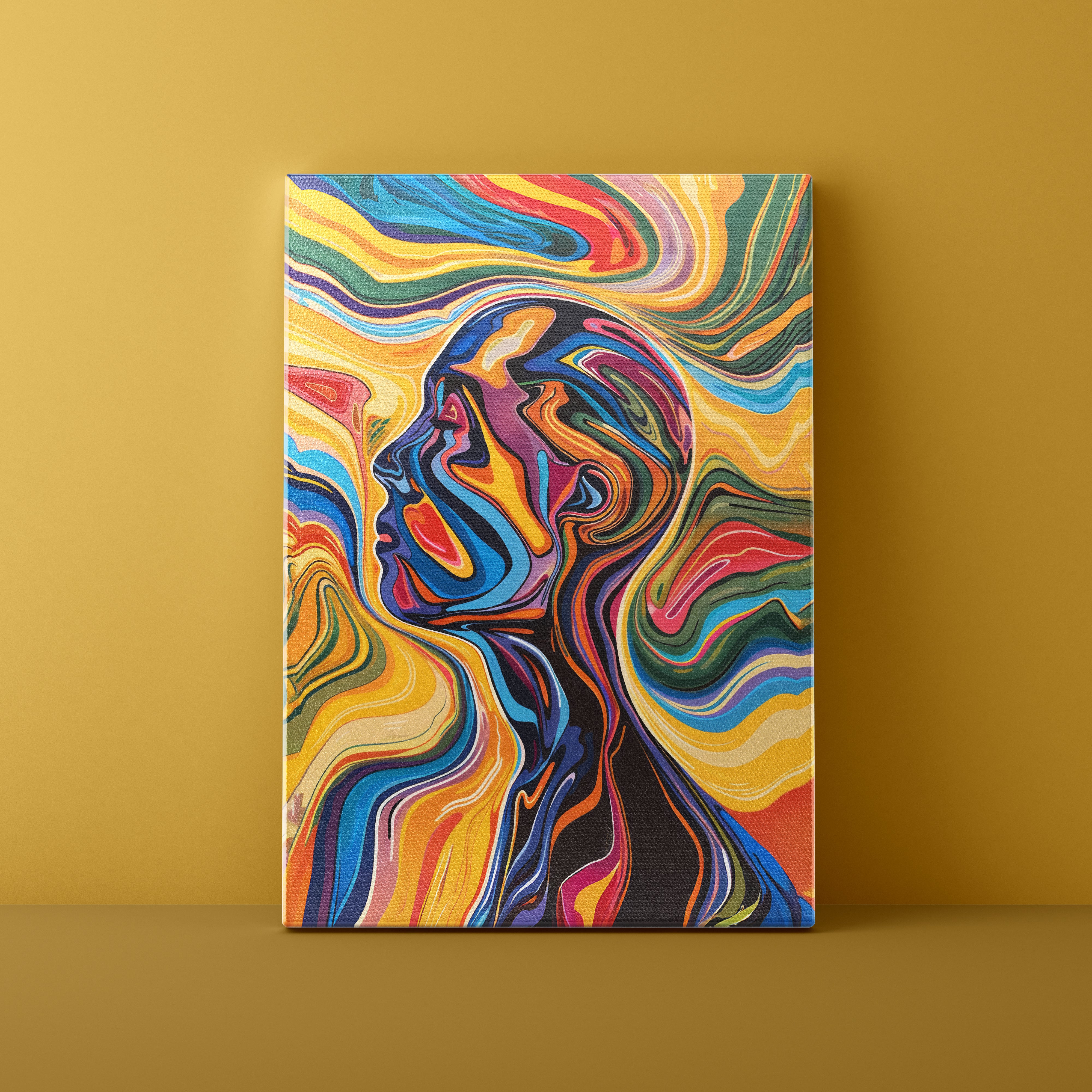 Colorful abstract painting of a profile on a yellow background