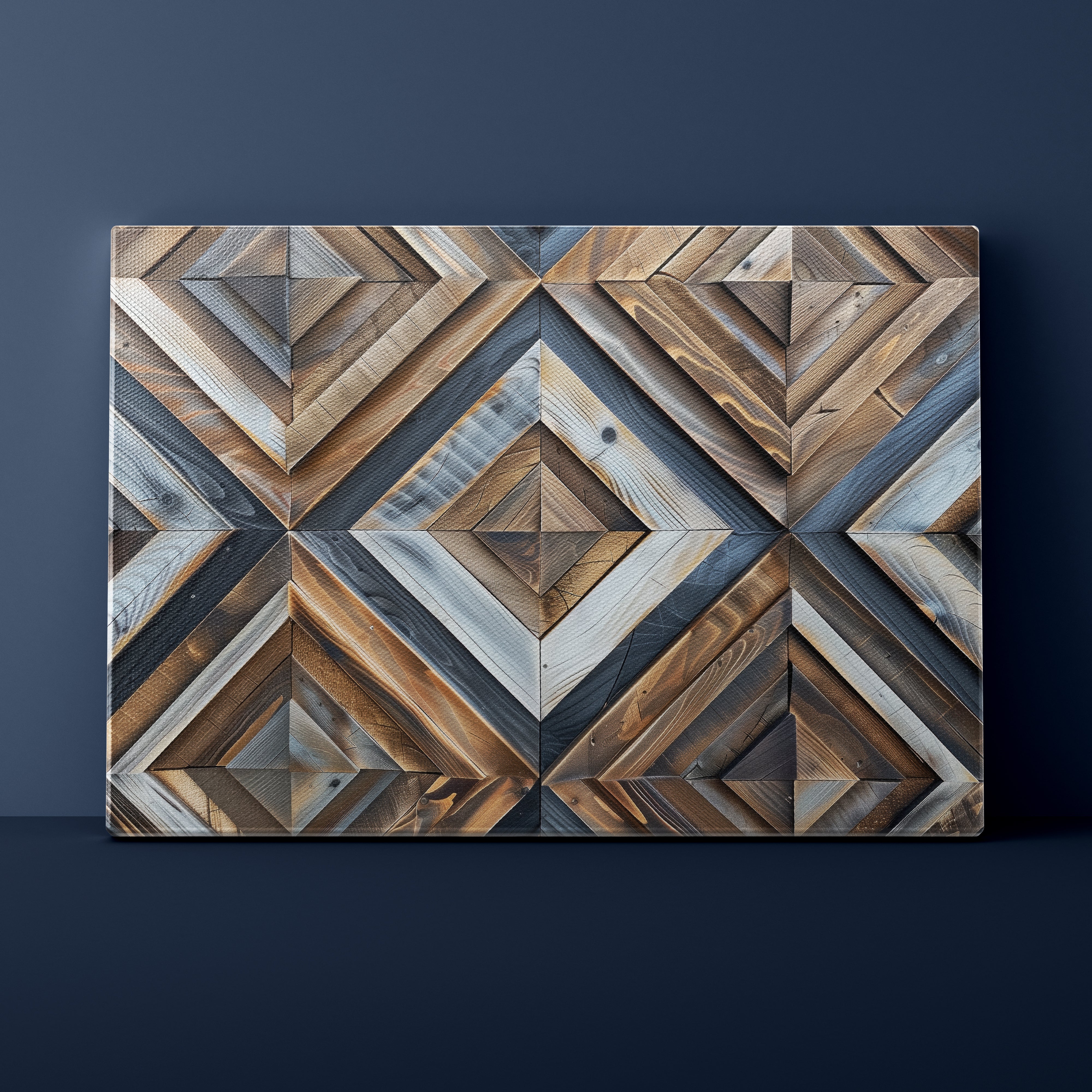 Wooden wall art with geometric pattern on a dark blue background