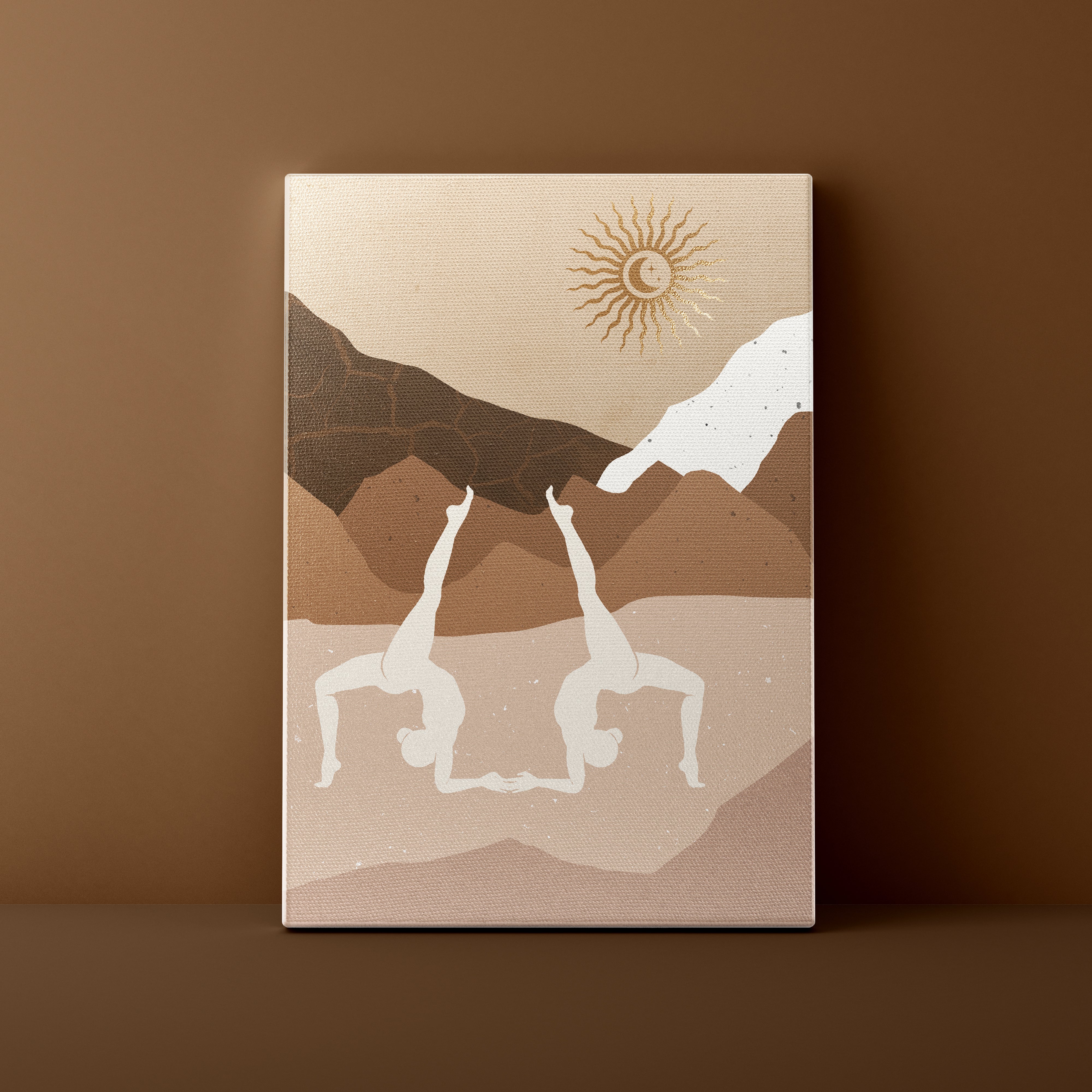 Canvas print with abstract design of two figures and a sun on a brown background