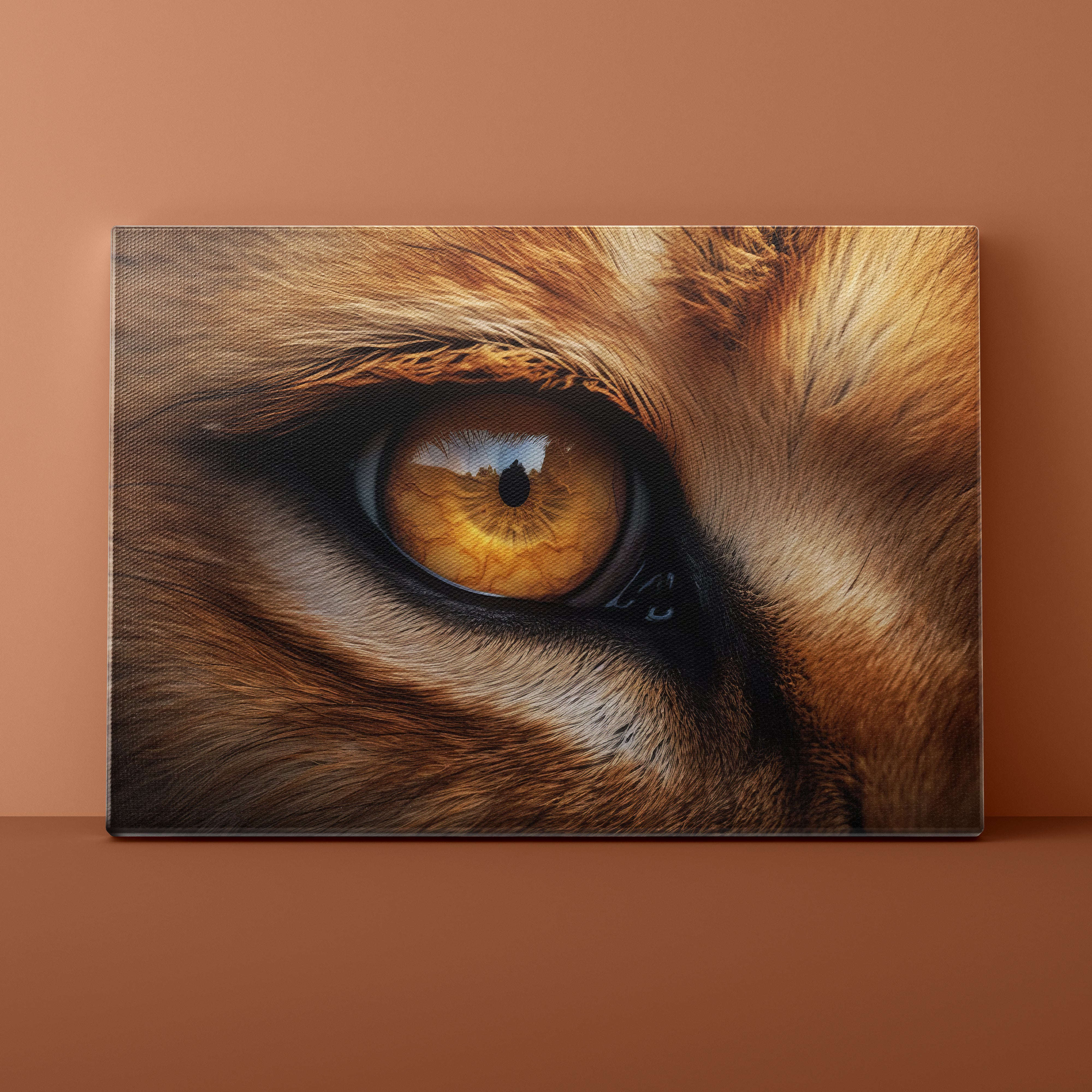 Close-up of a lion's eye on a brown background