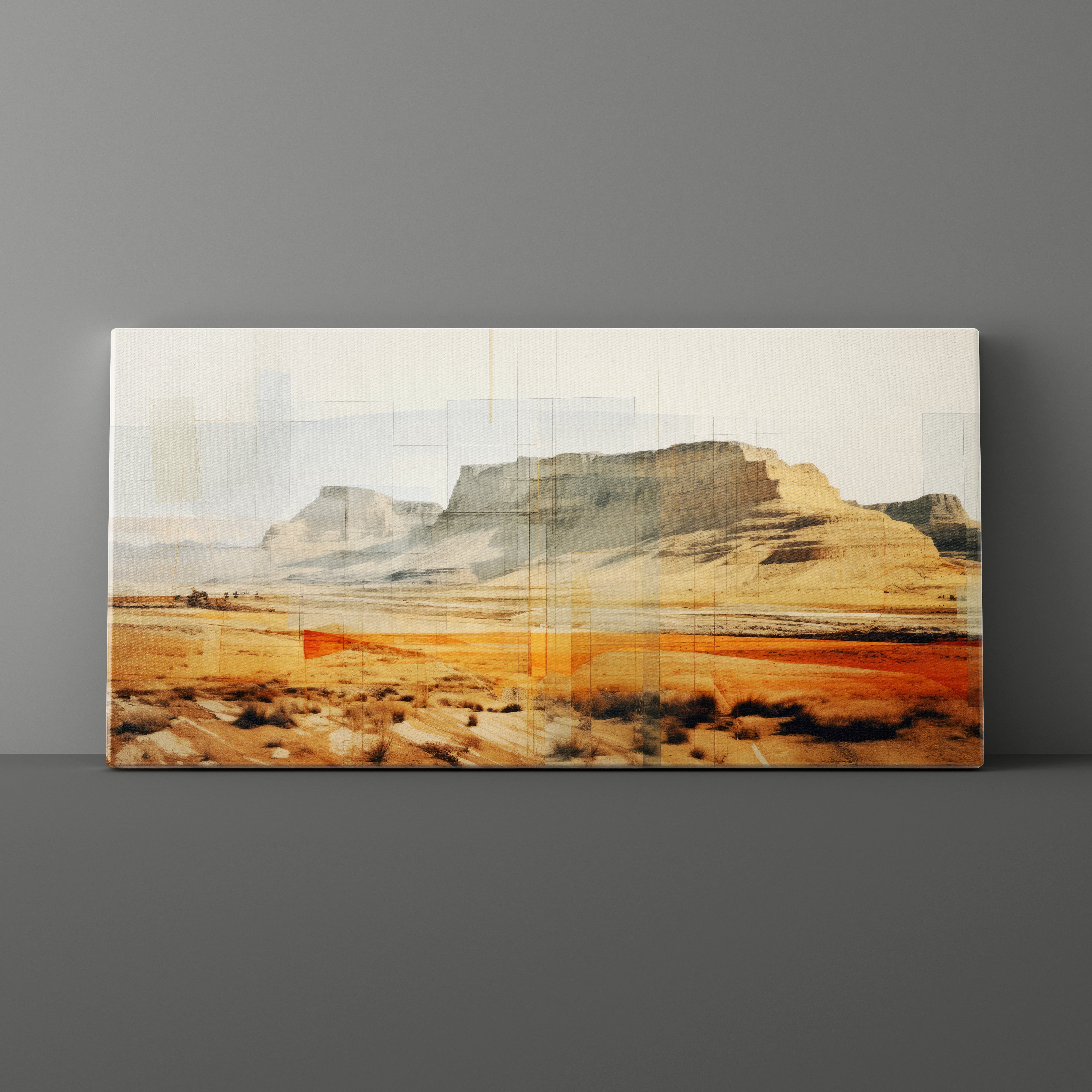 Canvas print of a desert landscape with mountains on a gray wall