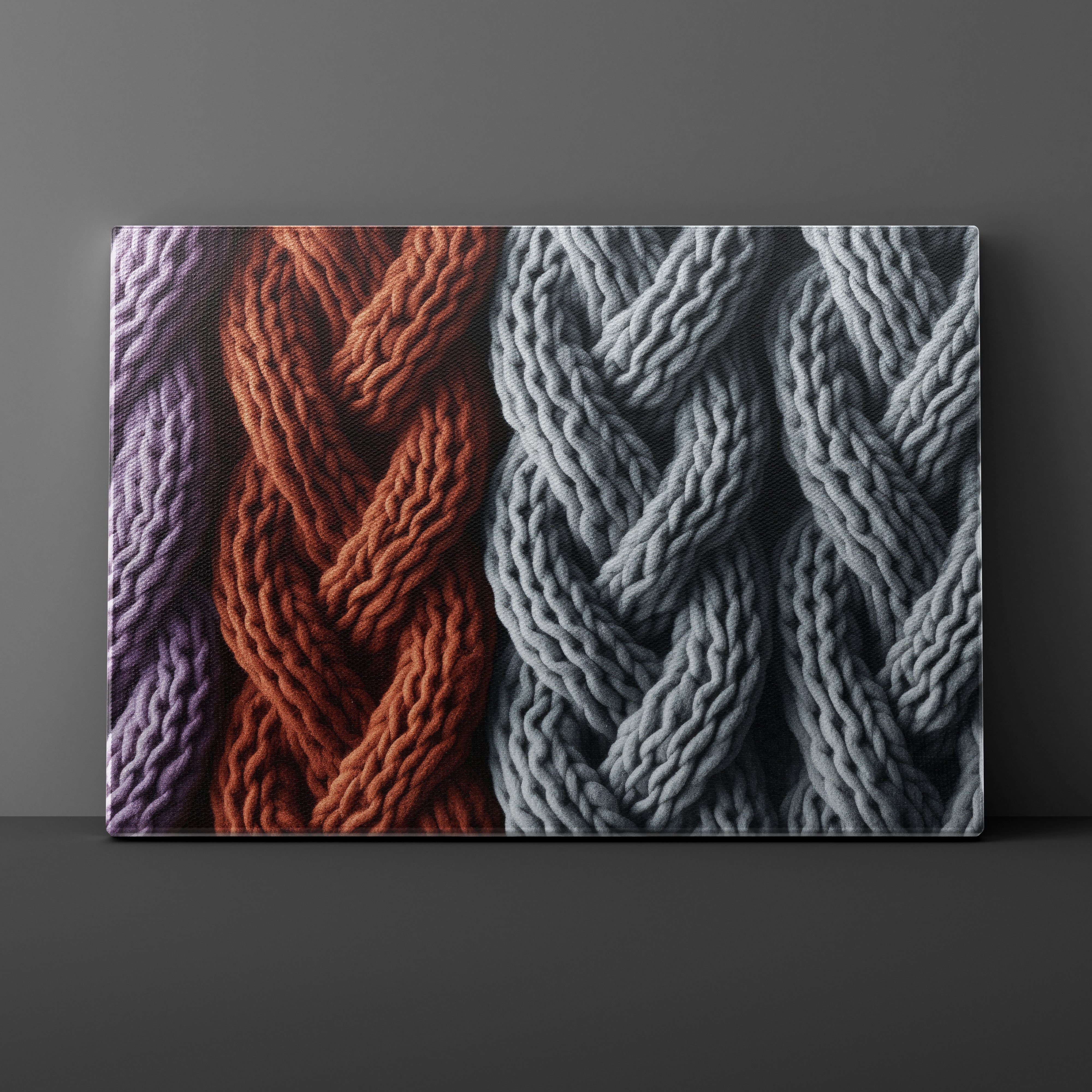 Three knitted yarn samples in purple, brown, and gray on a dark background