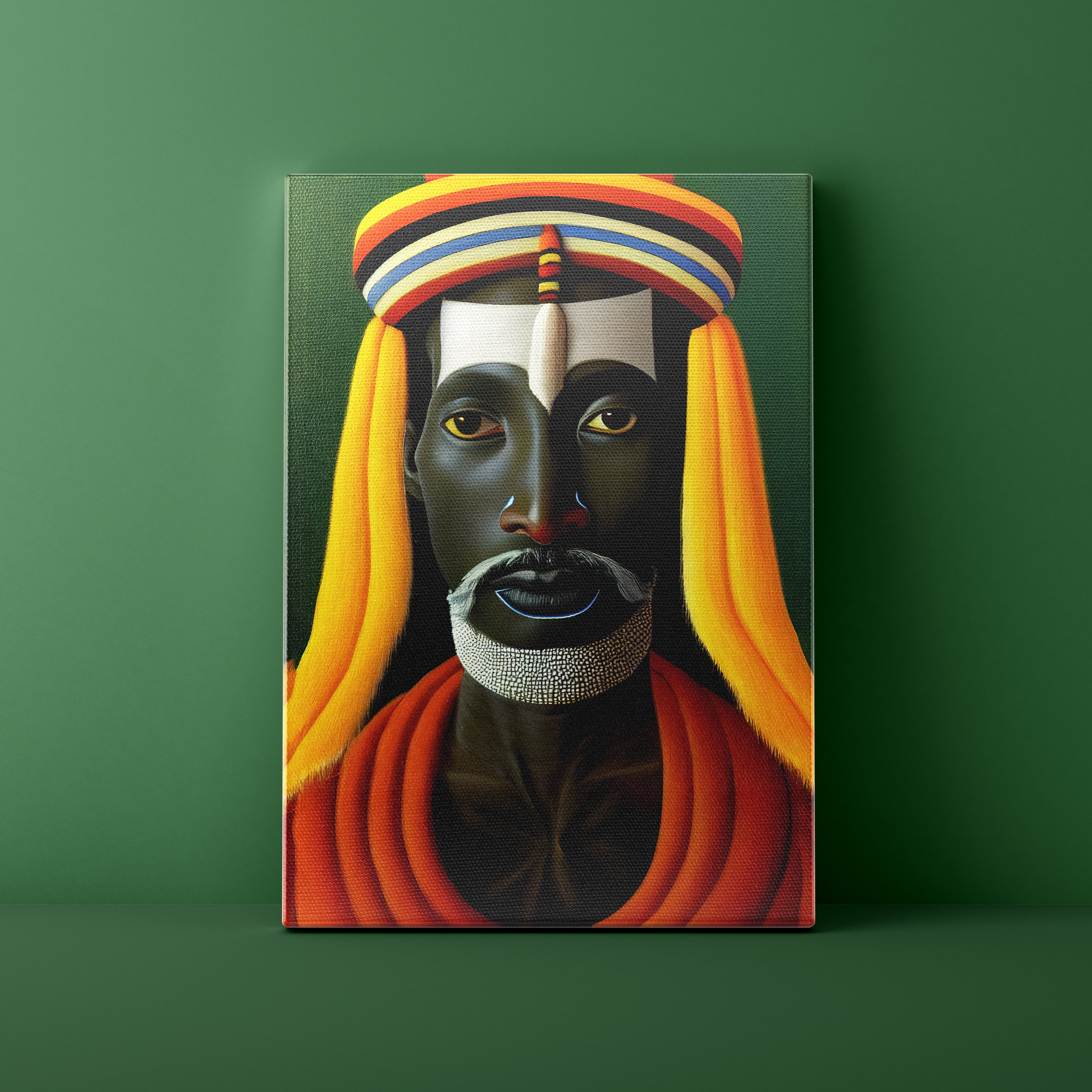 Canvas print of a stylized portrait with vibrant colors on a green background