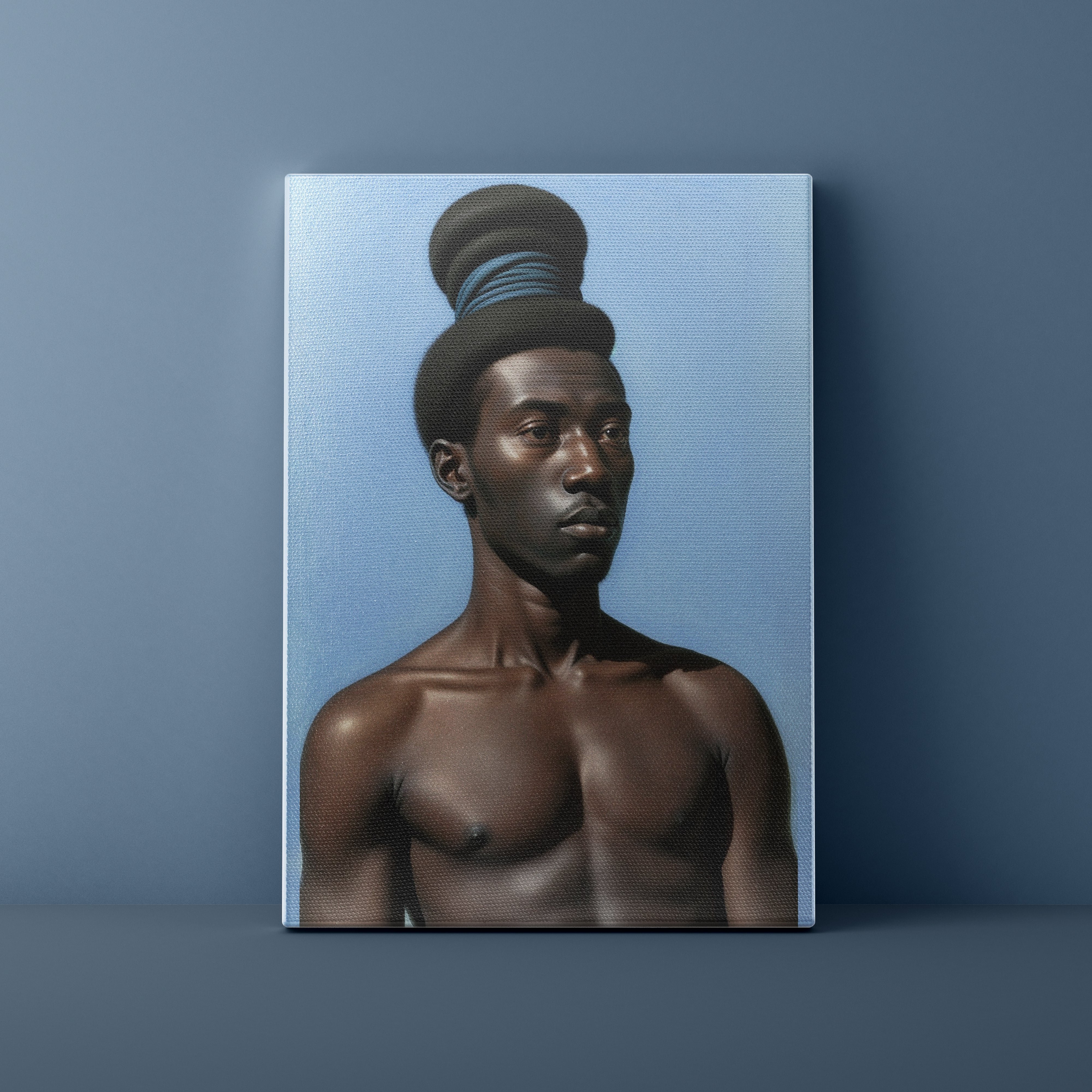 Canvas print of a person with styled hair on a blue background
