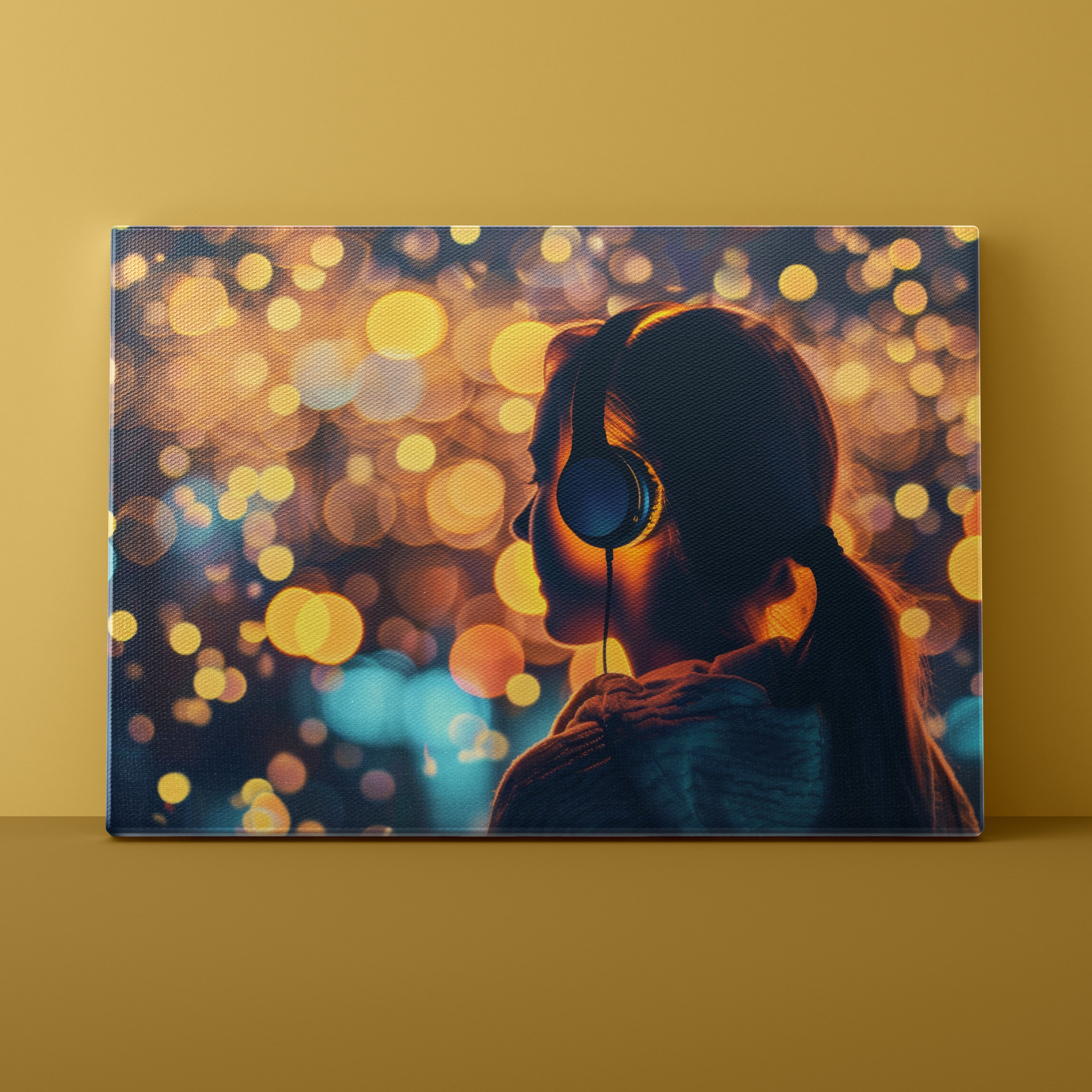 Canvas print of a silhouette wearing headphones with a bokeh light background on a yellow wall.