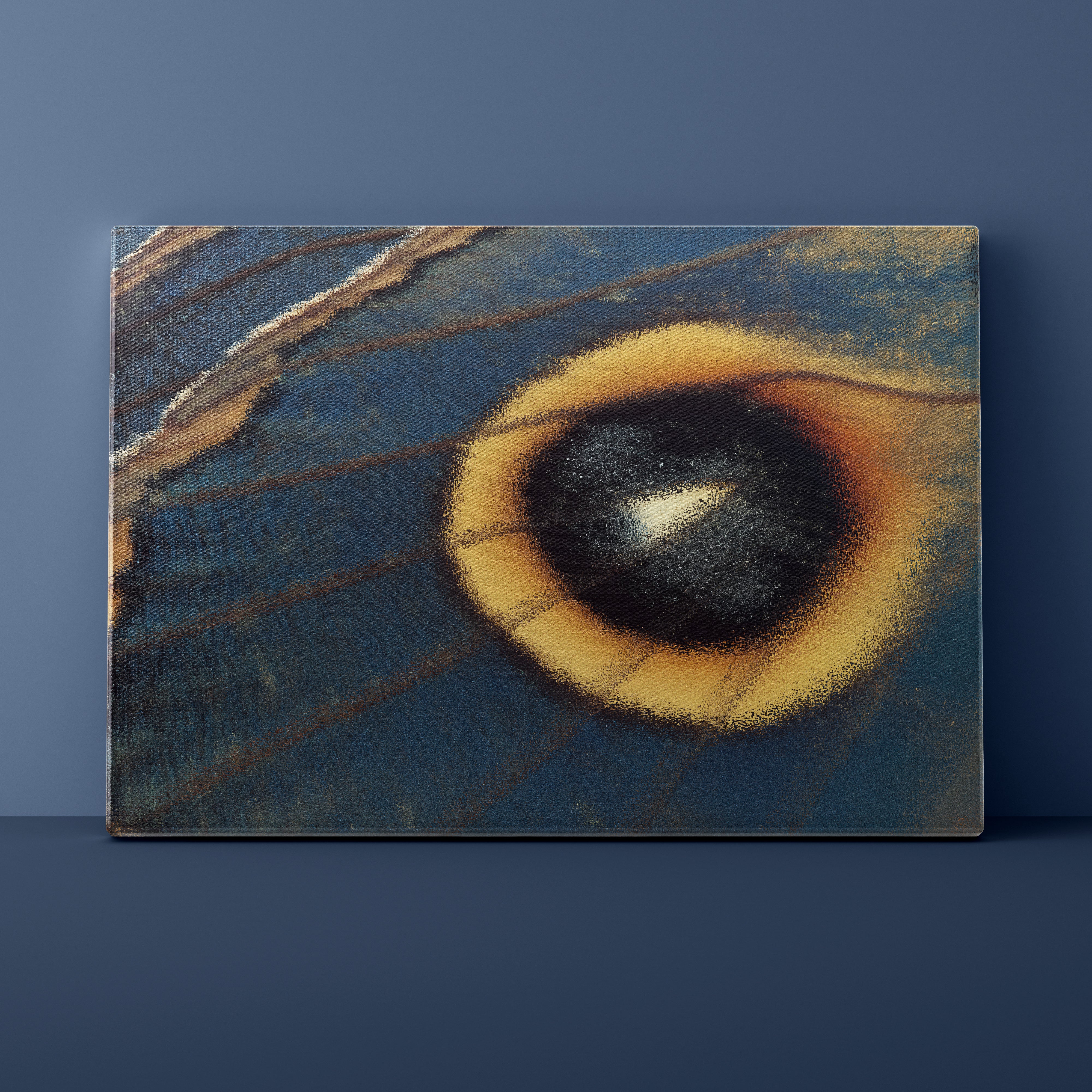 Close-up of a peacock feather with a blue background