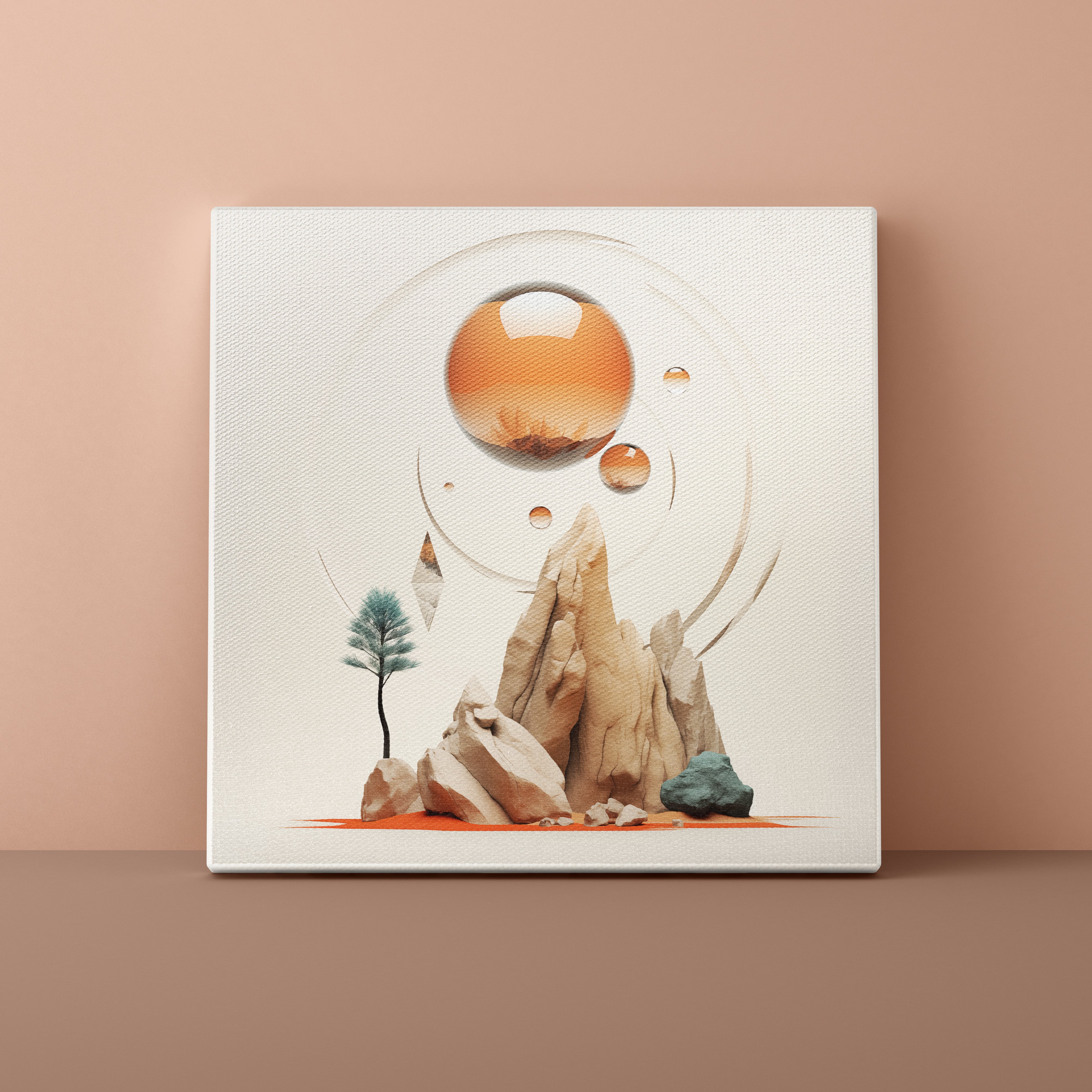 Abstract artwork with a mountain, trees, and celestial elements on a beige background