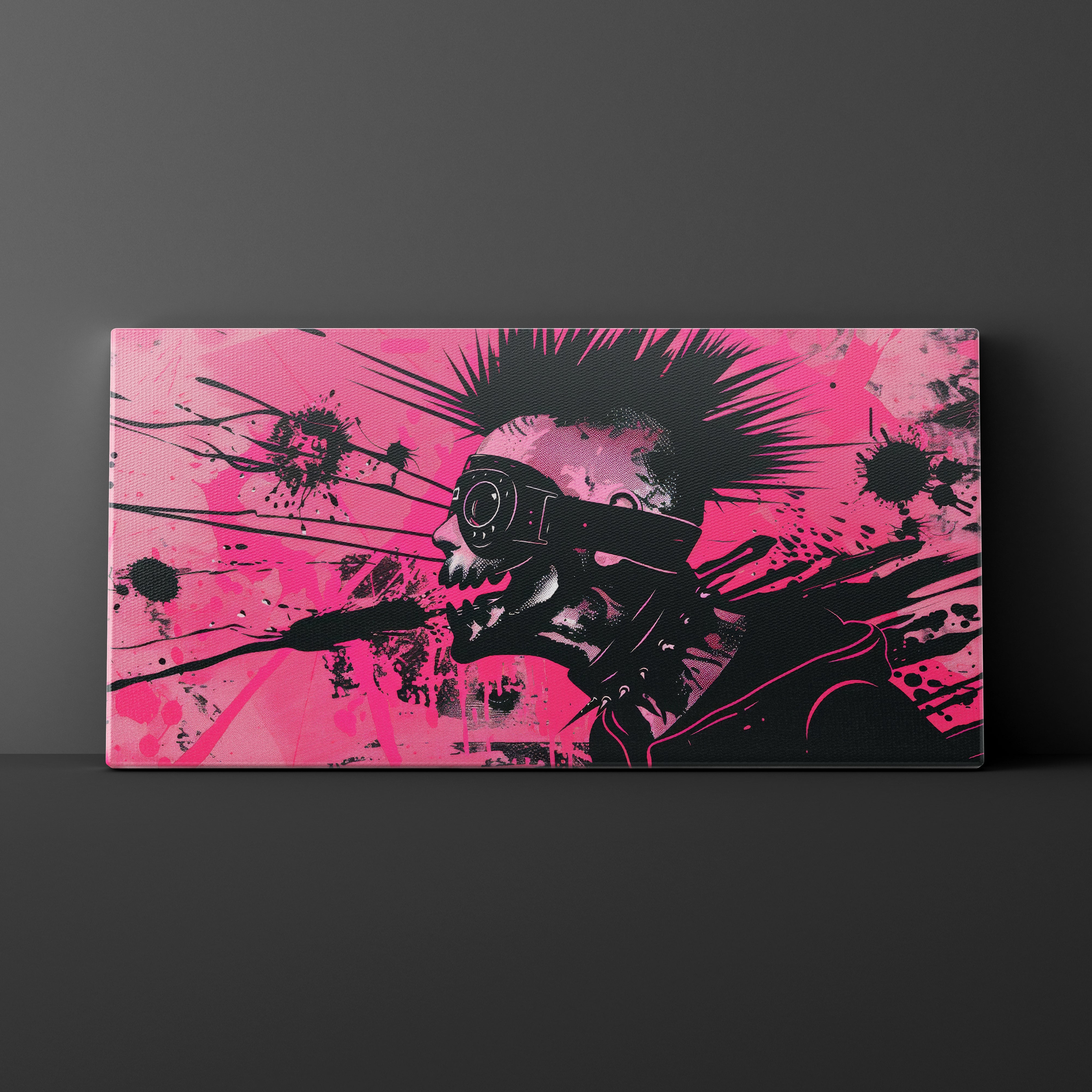 Canvas print with a stylized illustration of a person holding a camera on a pink and black abstract background.