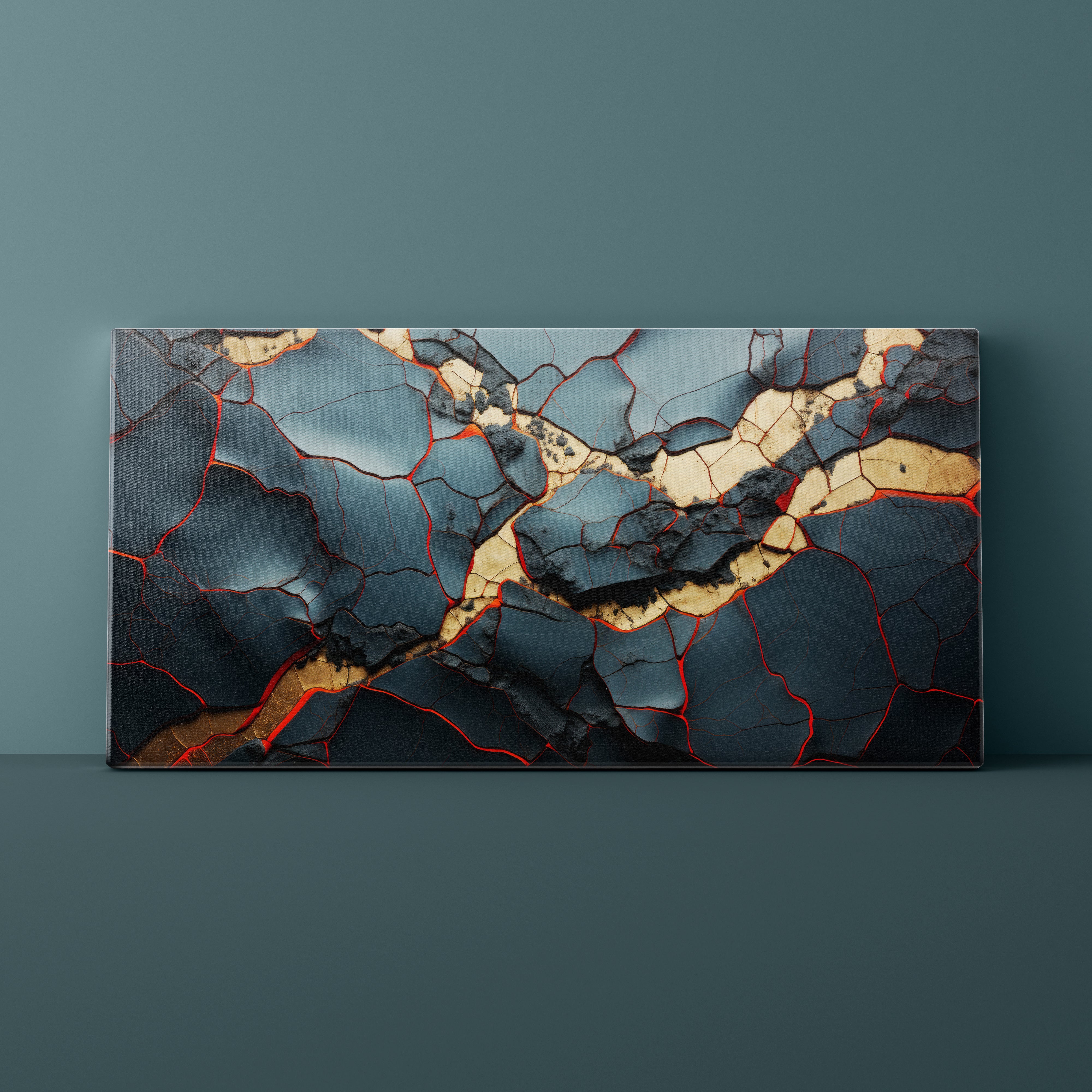 Abstract art piece with cracked surface on a dark green background