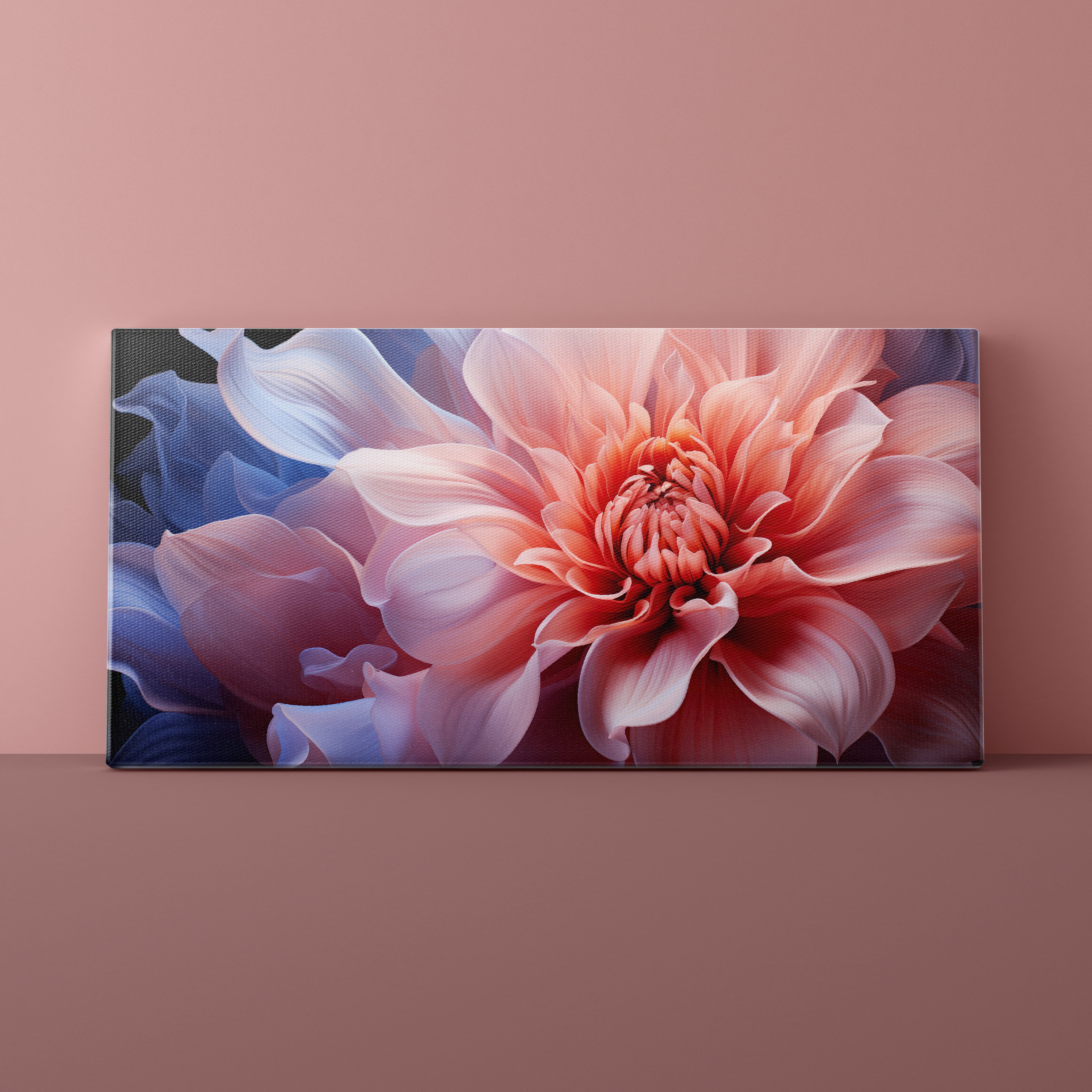 Floral artwork on a wall with a pink background