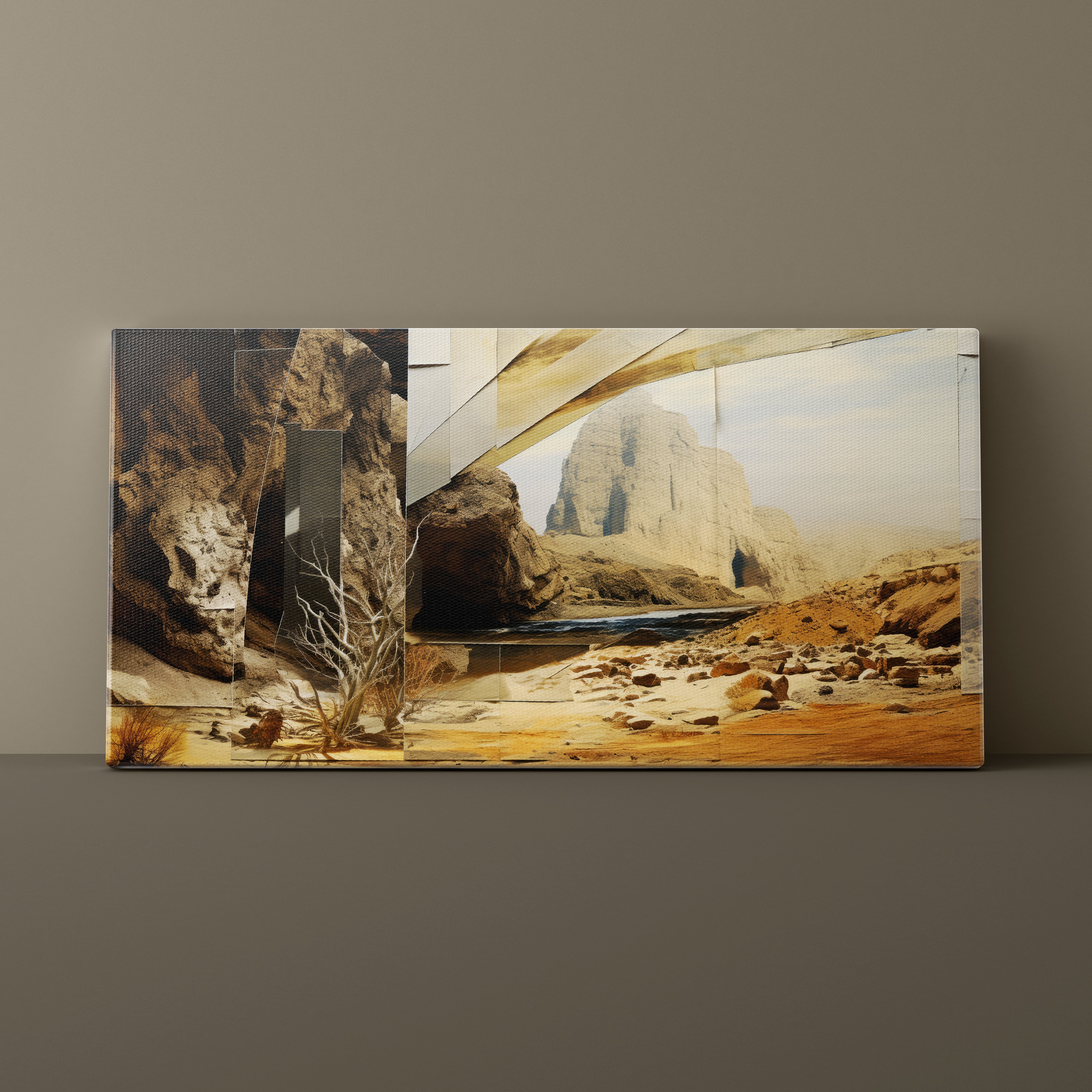 Canvas print of a desert landscape with rock formations on a brown wall.