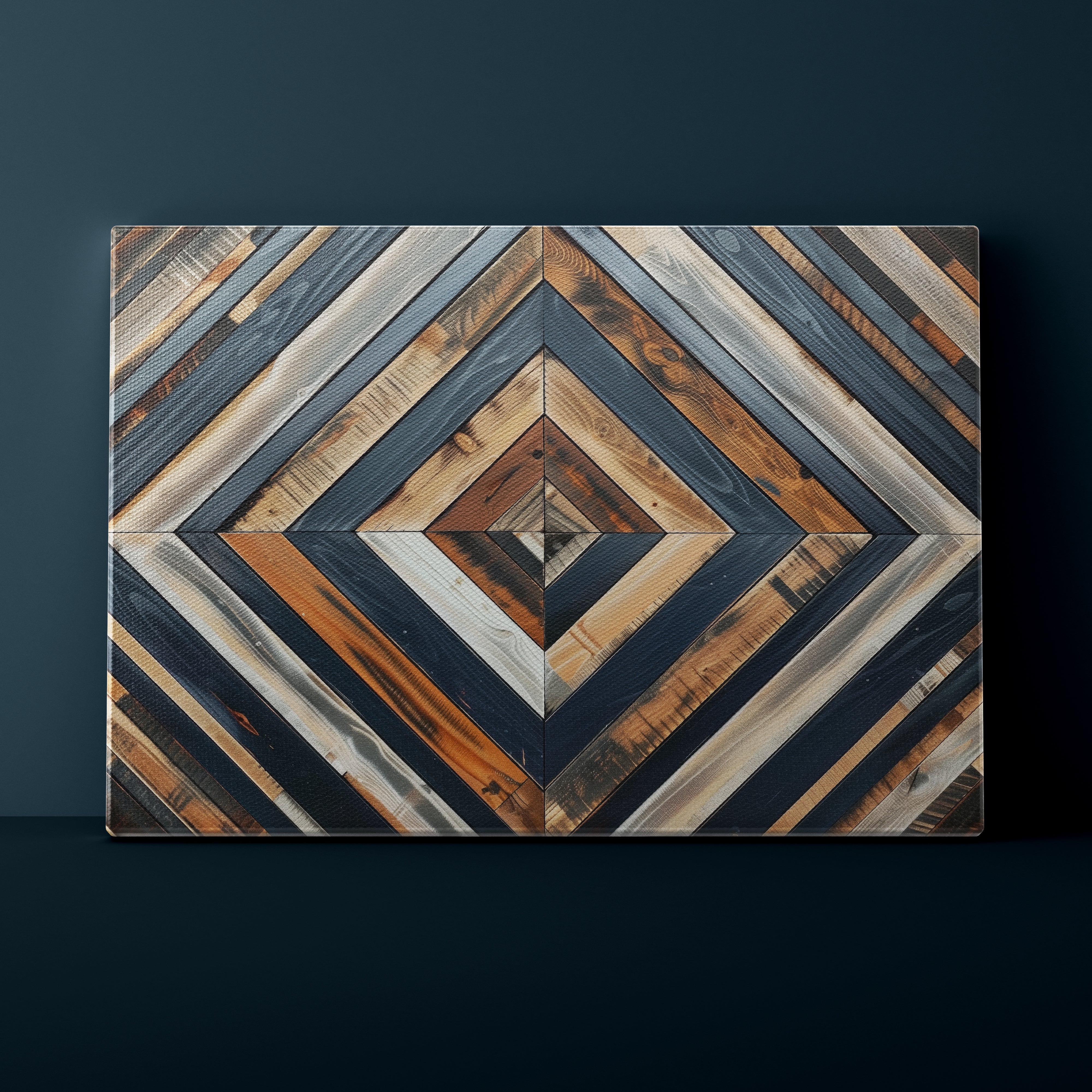 Wooden wall art with geometric pattern on a dark background